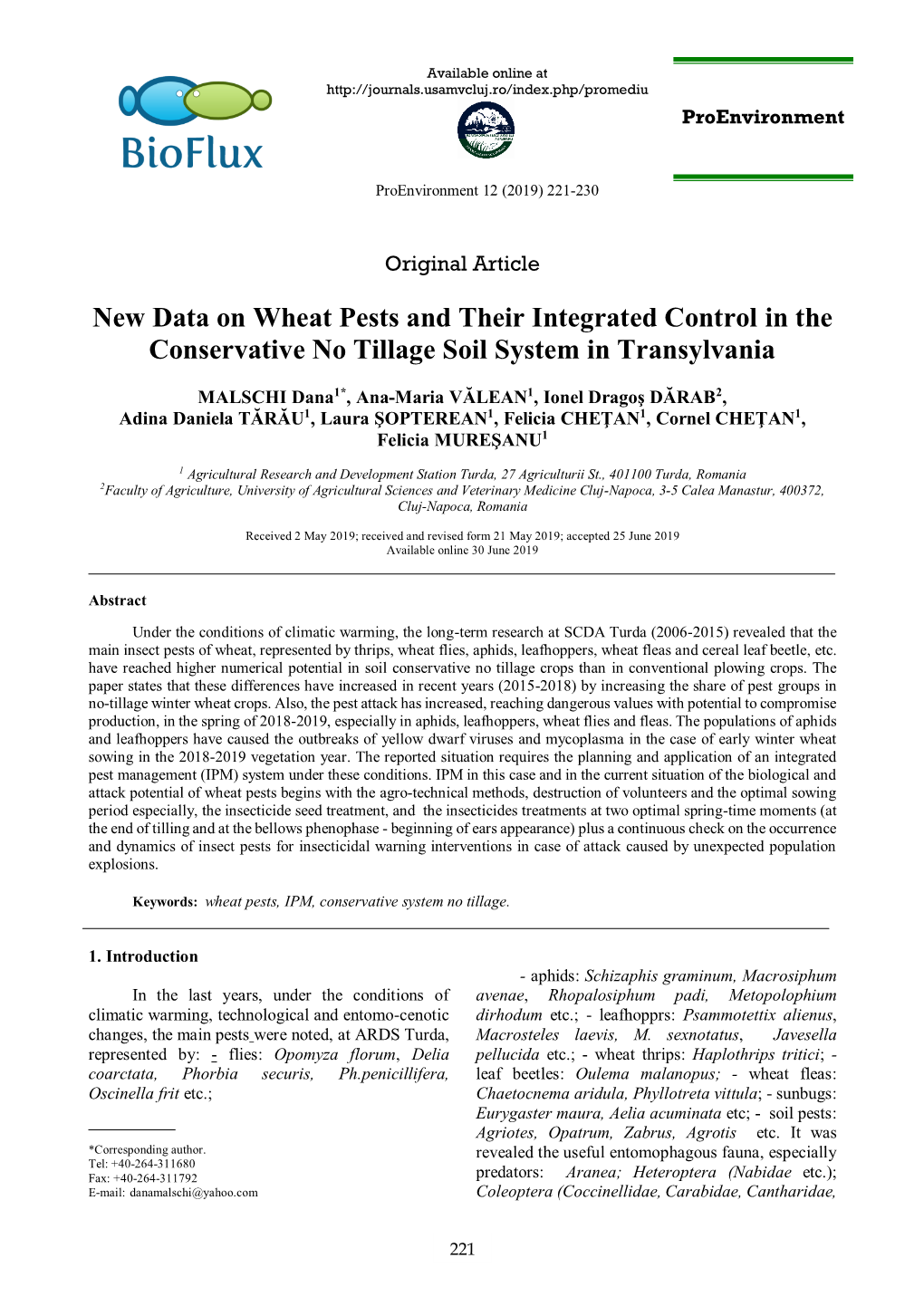 New Data on Wheat Pests and Their Integrated Control in the Conservative No Tillage Soil System in Transylvania
