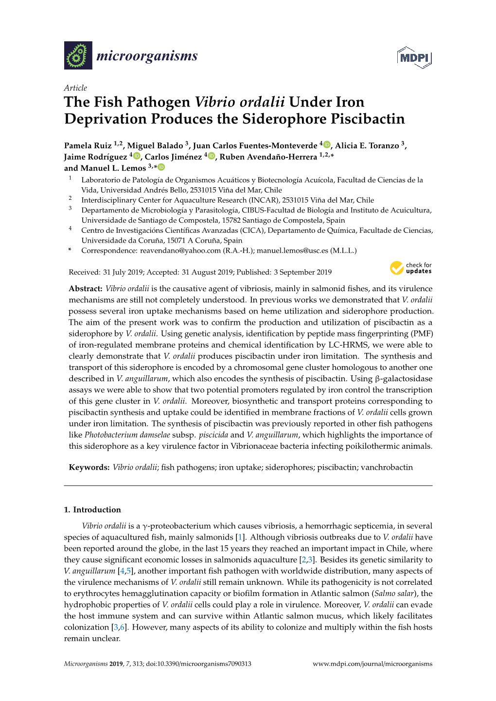 The Fish Pathogen Vibrio Ordalii Under Iron Deprivation Produces the Siderophore Piscibactin