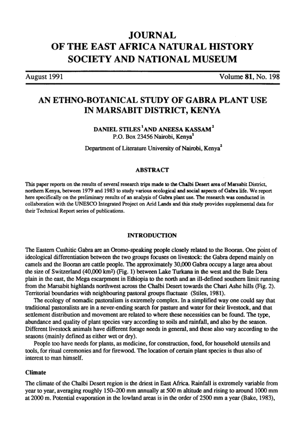 An Ethno-Botanical Study of Gabra Plant Use in Marsabit District, Kenya