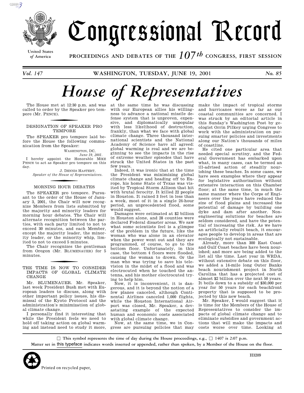 Congressional Record United States of America PROCEEDINGS and DEBATES of the 107Th CONGRESS, FIRST SESSION