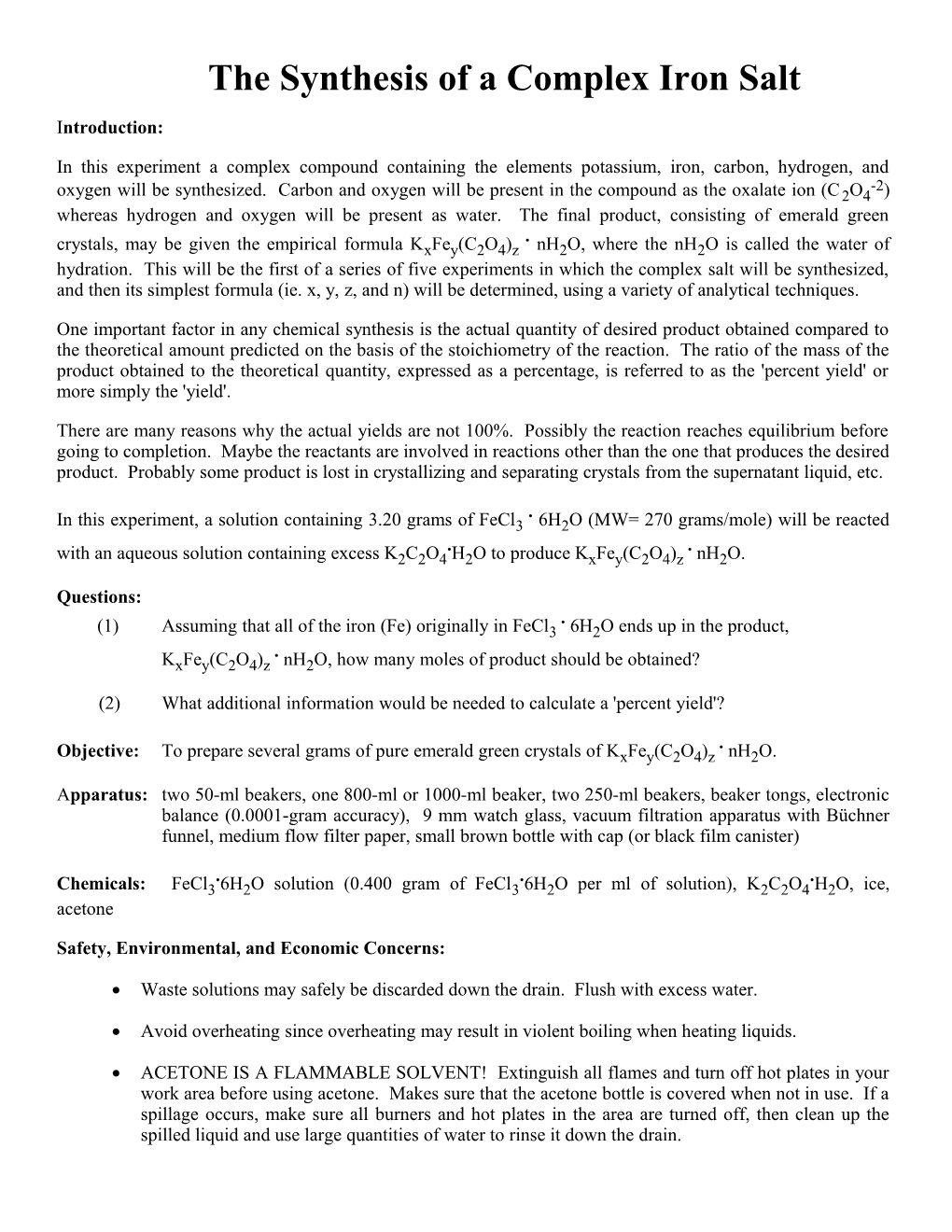 The Synthesis of a Complex Iron Salt