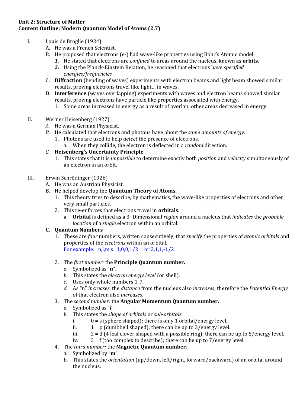 Content Outline: Modern Quantum Model of Atoms (2.7)