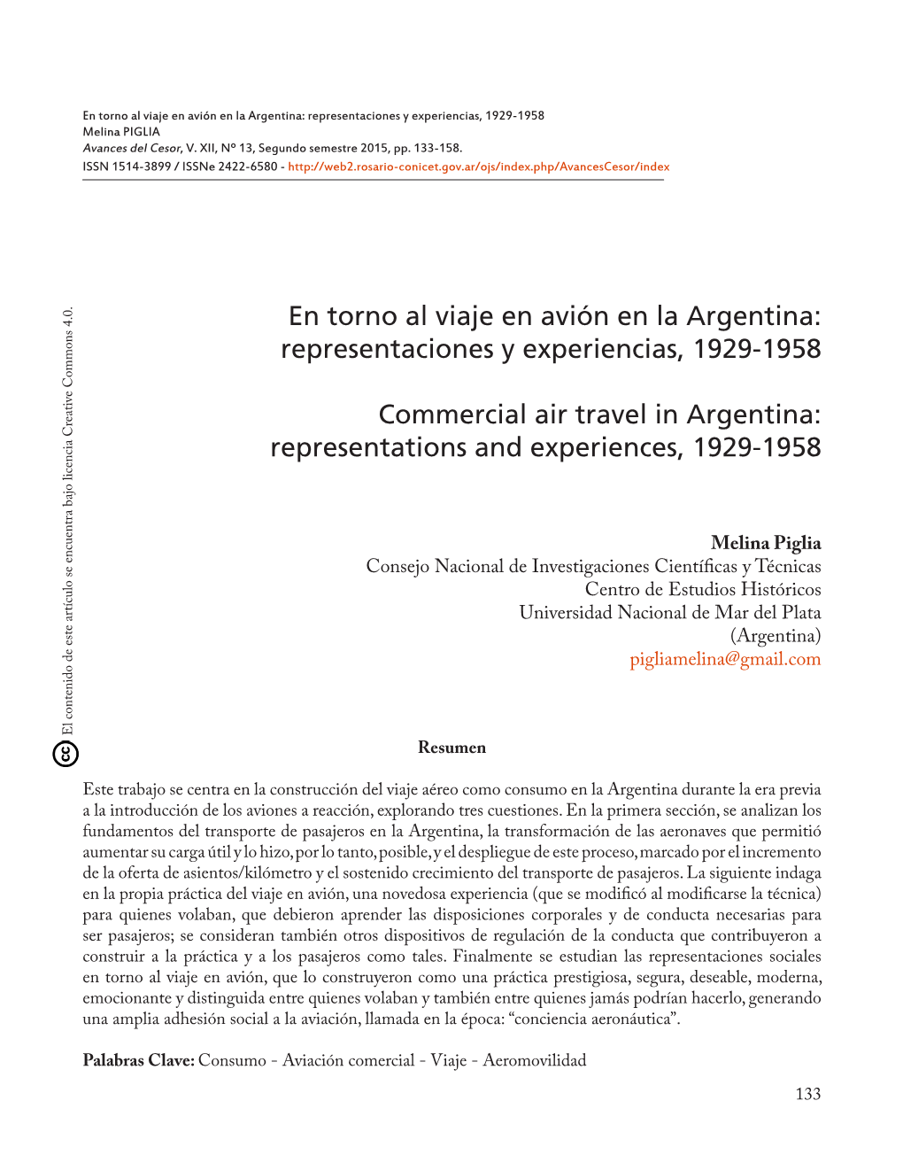 En Torno Al Viaje En Avión En La Argentina: Representaciones Y Experiencias, 1929-1958 Melina PIGLIA Avances Del Cesor, V