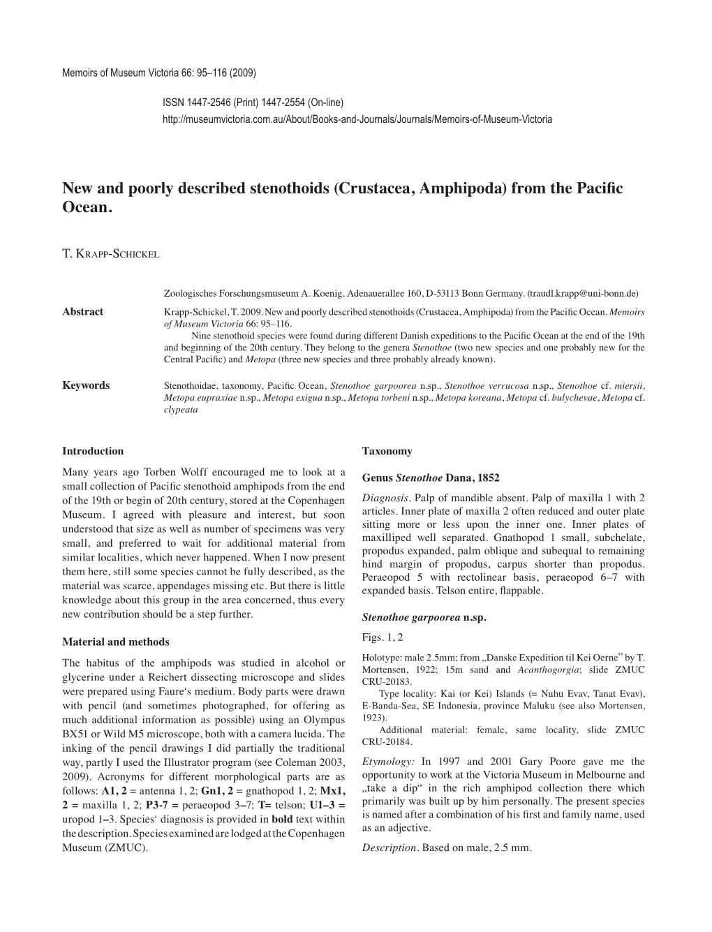 New and Poorly Described Stenothoids (Crustacea, Amphipoda) from the Paciﬁ C Ocean