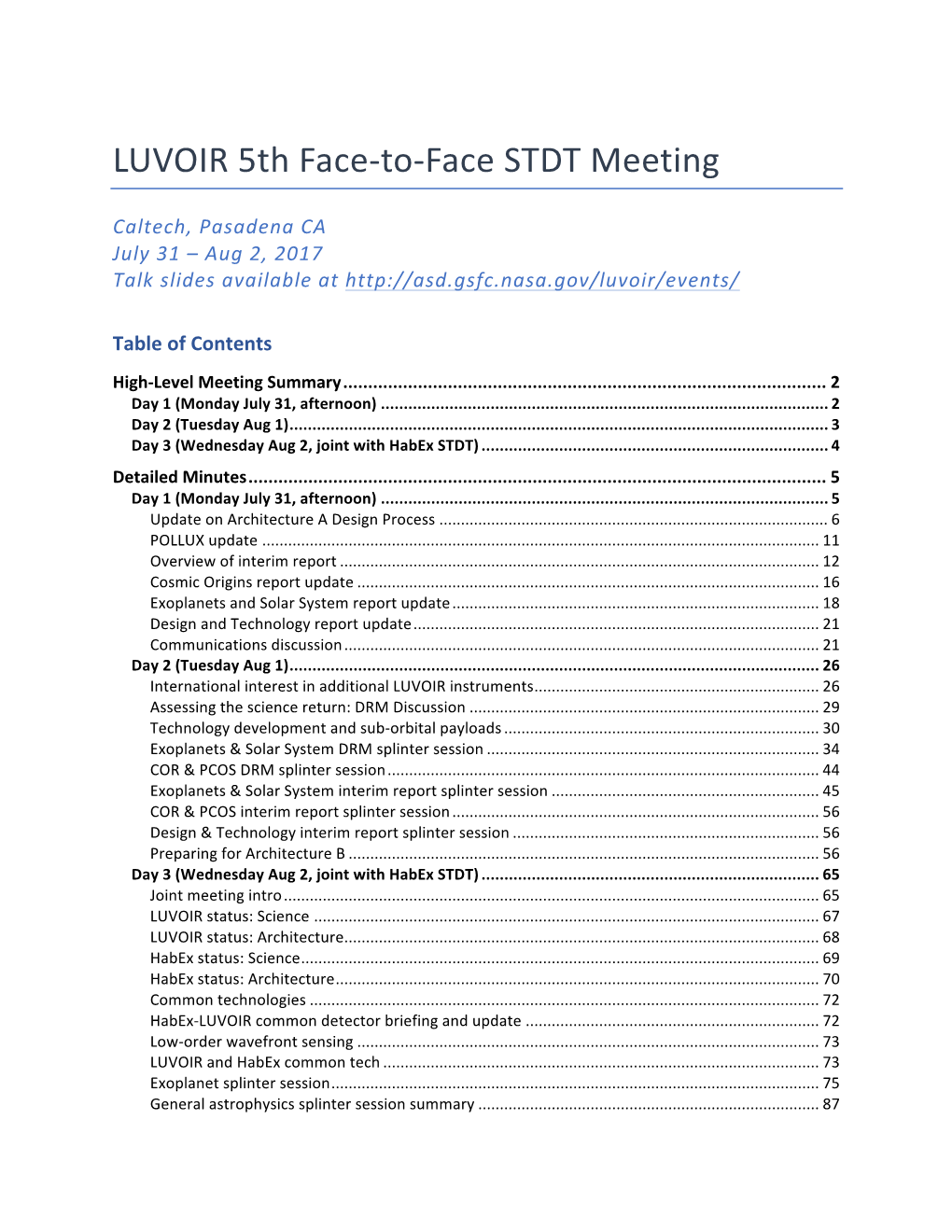 LUVOIR 5Th Face-To-Face STDT Meeting