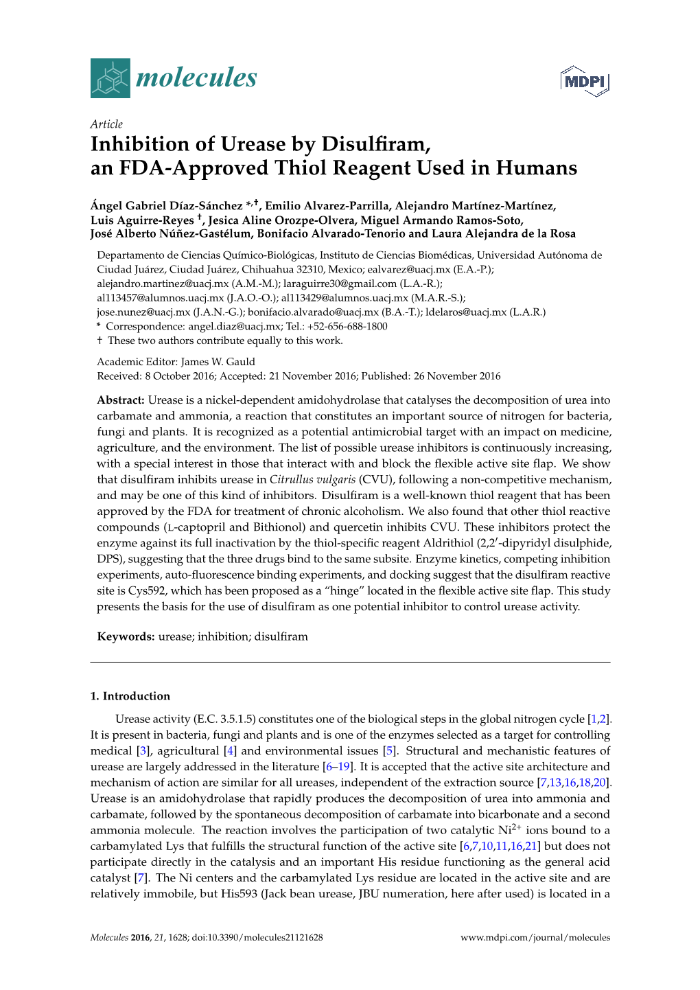 Inhibition of Urease by Disulfiram, an FDA-Approved Thiol Reagent Used in Humans