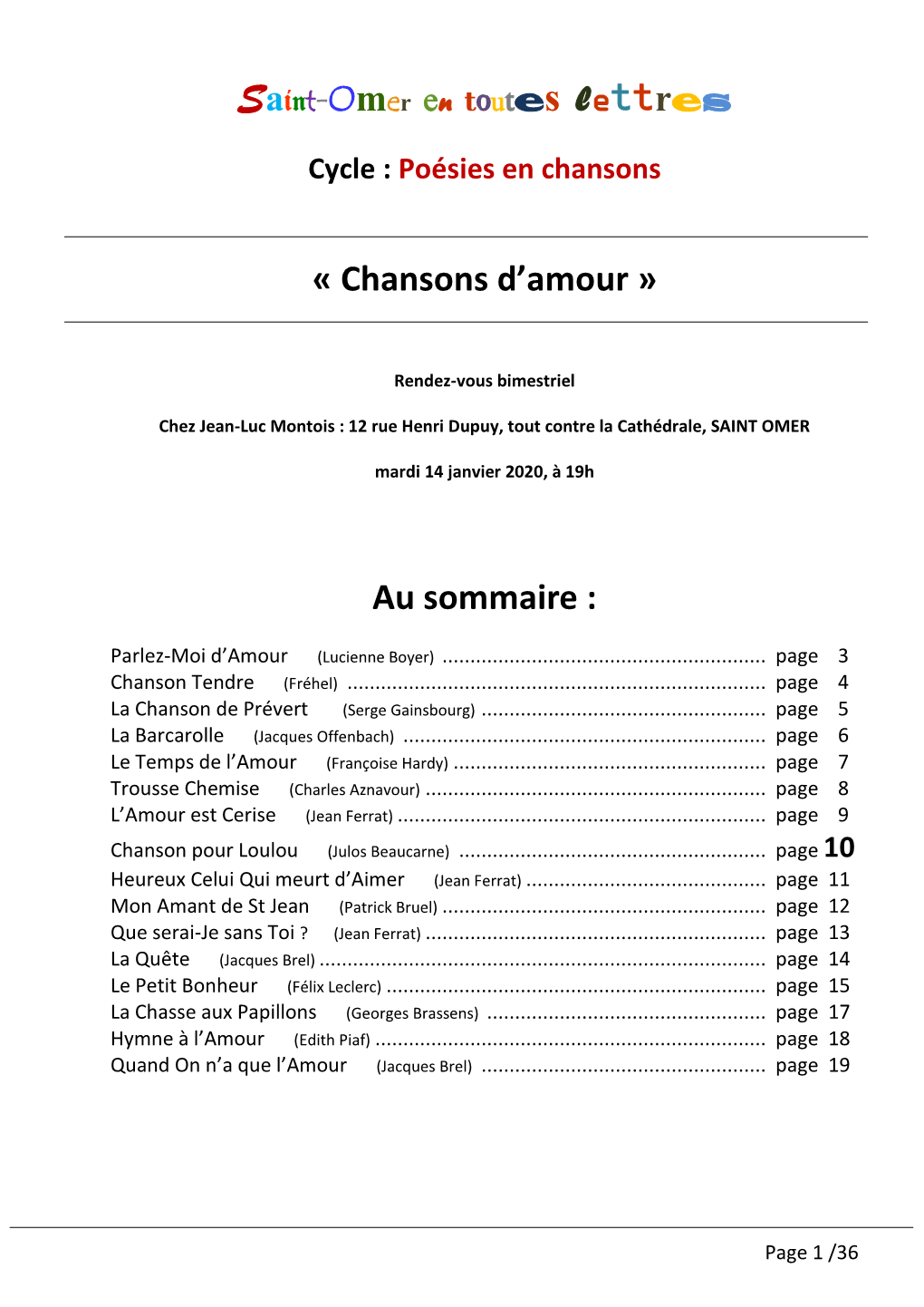 Saint-Omer En Toutes Lettres « Chansons D'amour » Au Sommaire