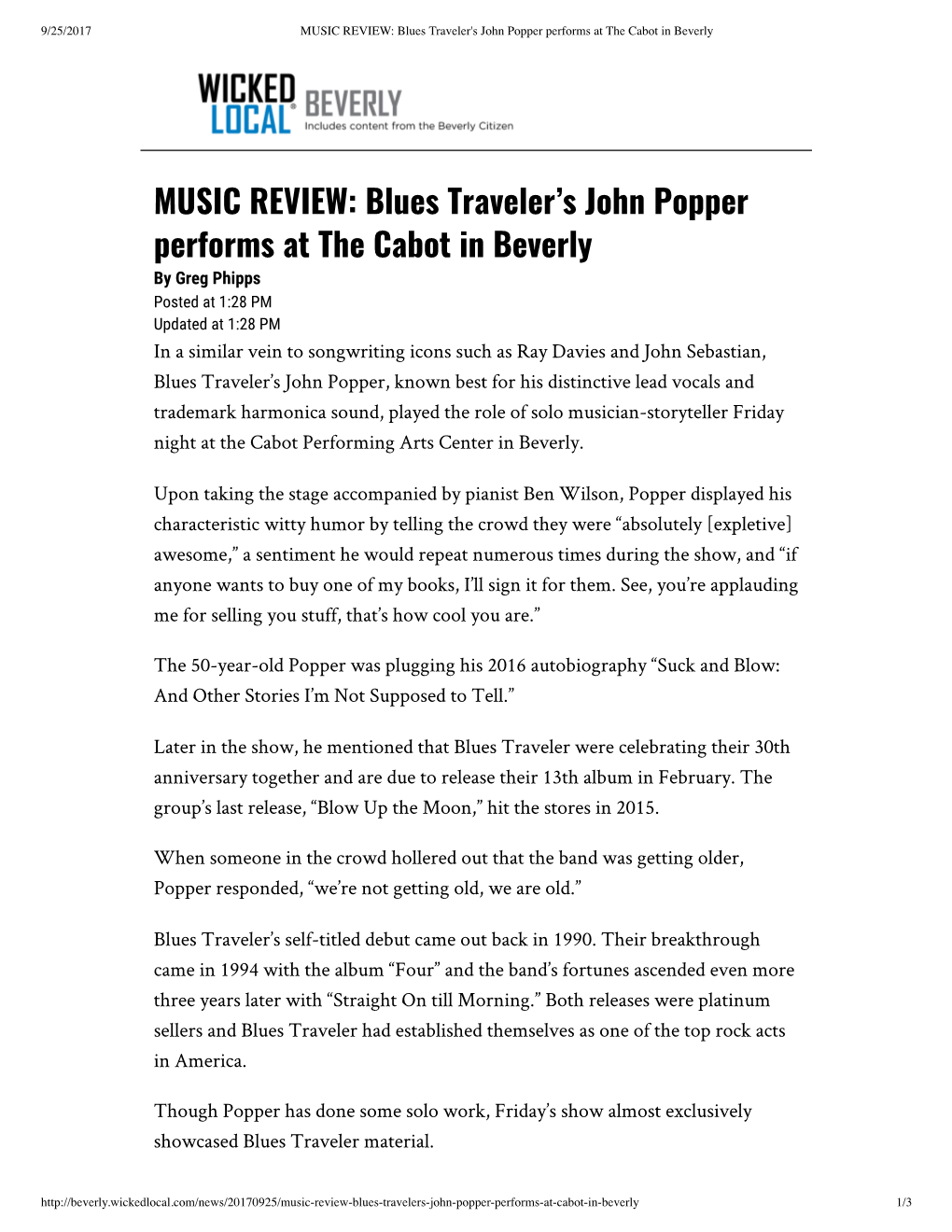 MUSIC REVIEW: Blues Traveler's John Popper Performs at the Cabot in Beverly