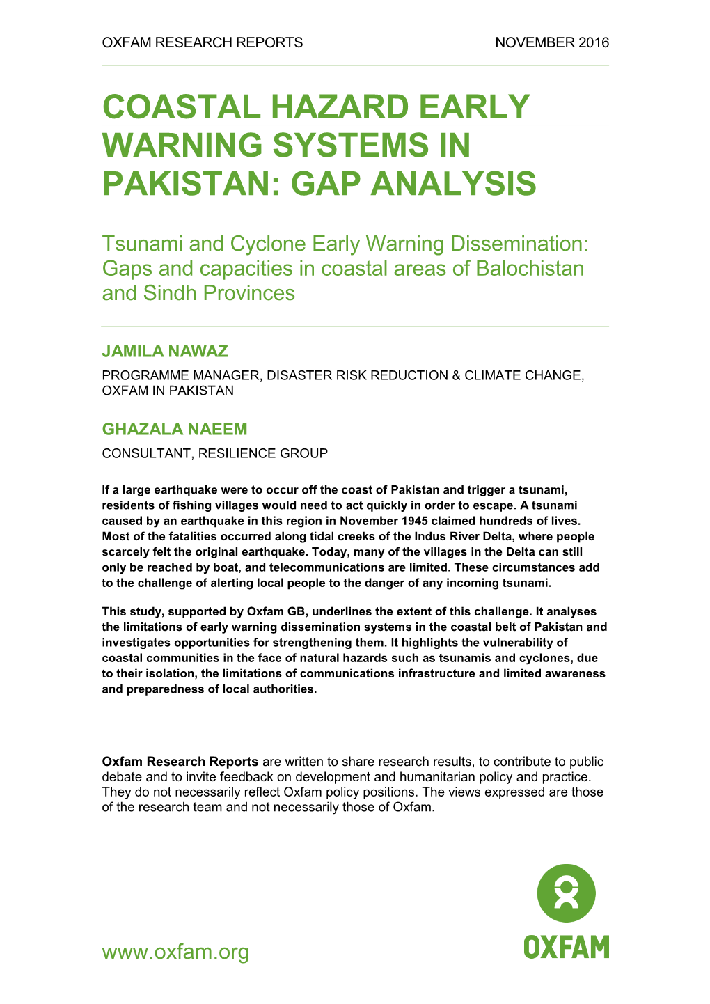 Tsunami and Cyclone Early Warning Dissemination: Gaps and Capacities in Coastal Areas of Balochistan and Sindh Provinces