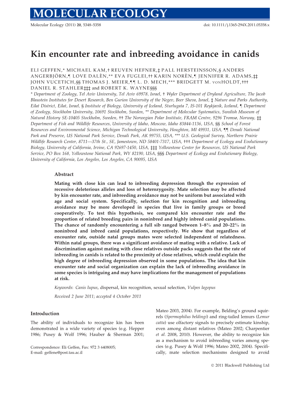 Kin Encounter Rate and Inbreeding Avoidance in Canids