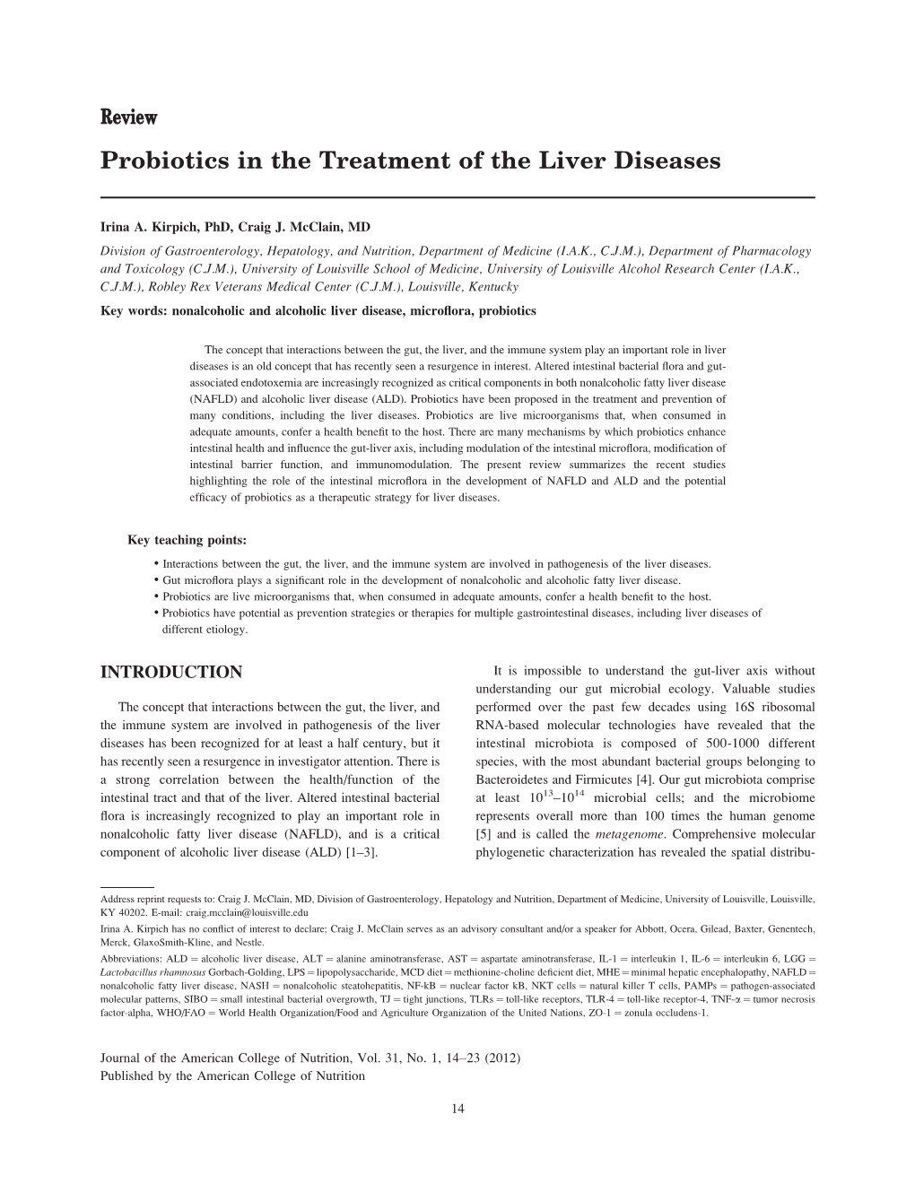 Probiotics in the Treatment of the Liver Diseases