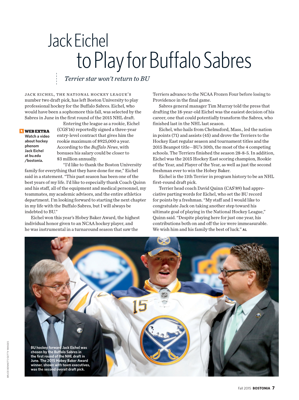 To Play for Buffalo Sabres Terrier Star Won’T Return to BU
