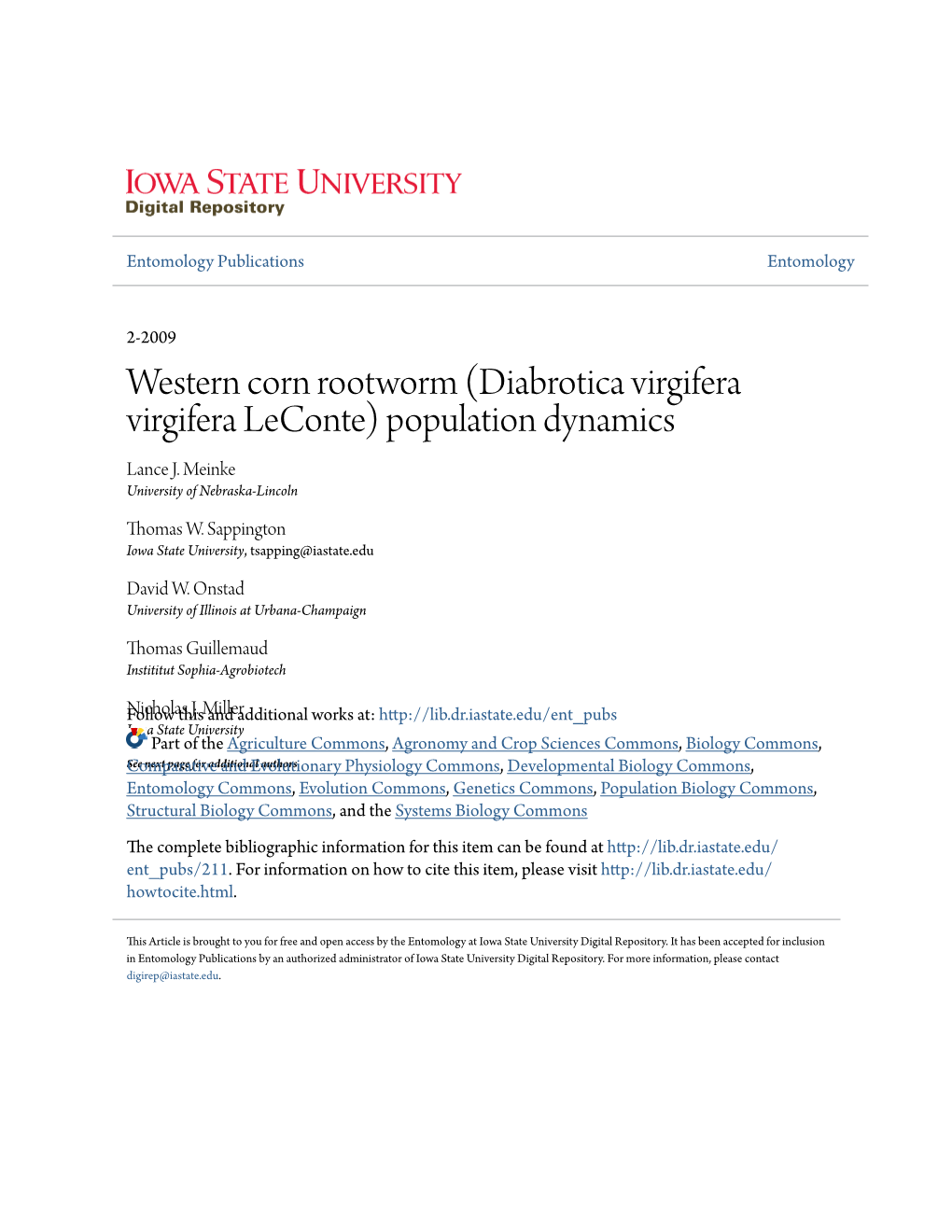 Western Corn Rootworm (Diabrotica Virgifera Virgifera Leconte) Population Dynamics Lance J