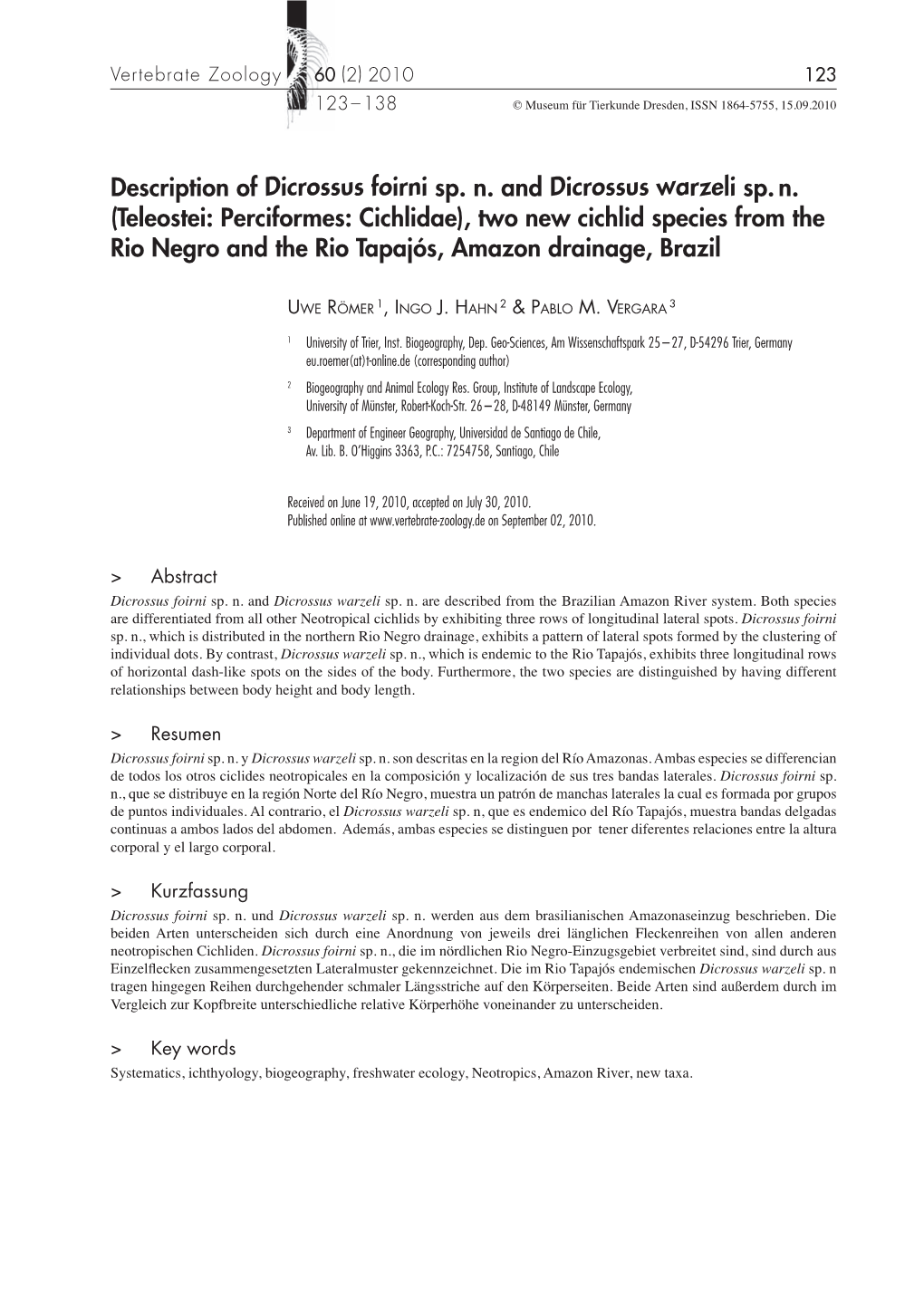 Two New Cichlid Species from the Rio Negro and the Rio Tapajós, Amazon Drainage, Brazil