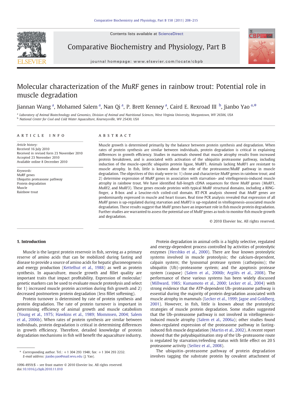 Molecular Characterization of the Murf Genes in Rainbow Trout: Potential Role in Muscle Degradation