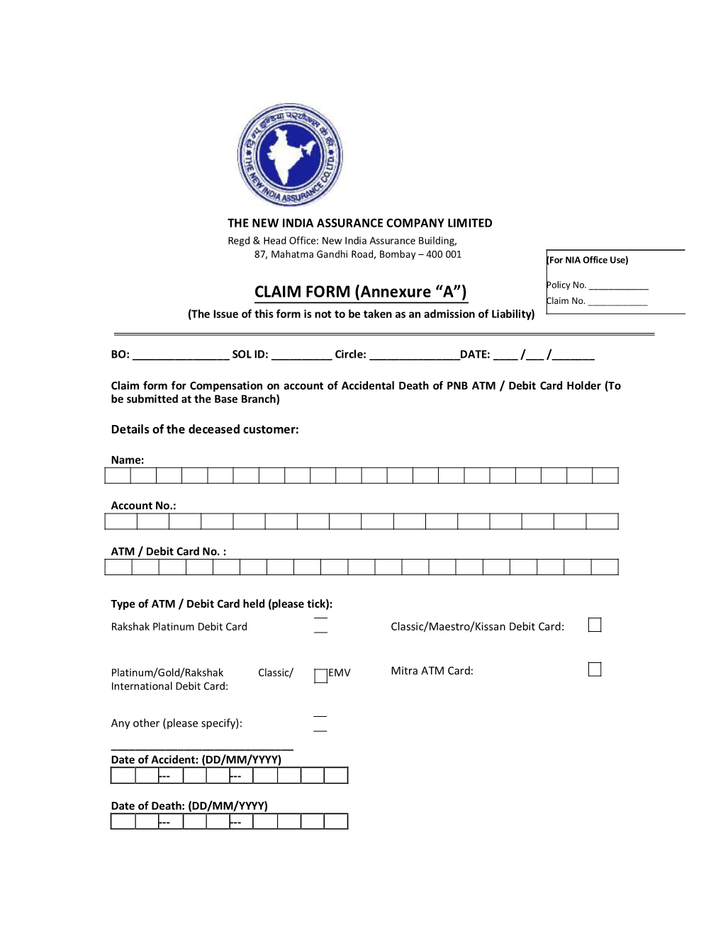 Master Debit Card Accidental Death Claim Form and Process