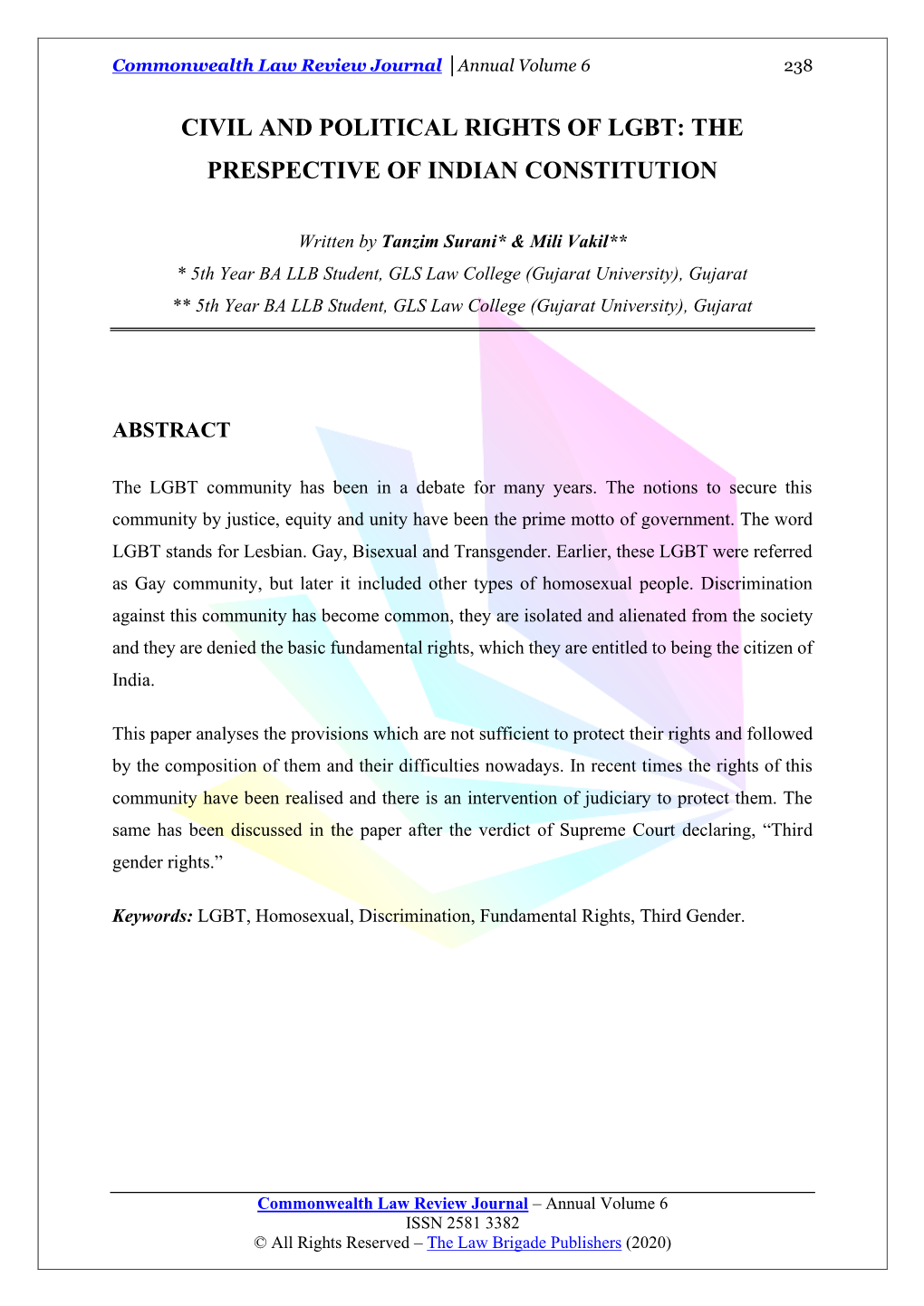Civil and Political Rights of Lgbt: the Prespective of Indian Constitution