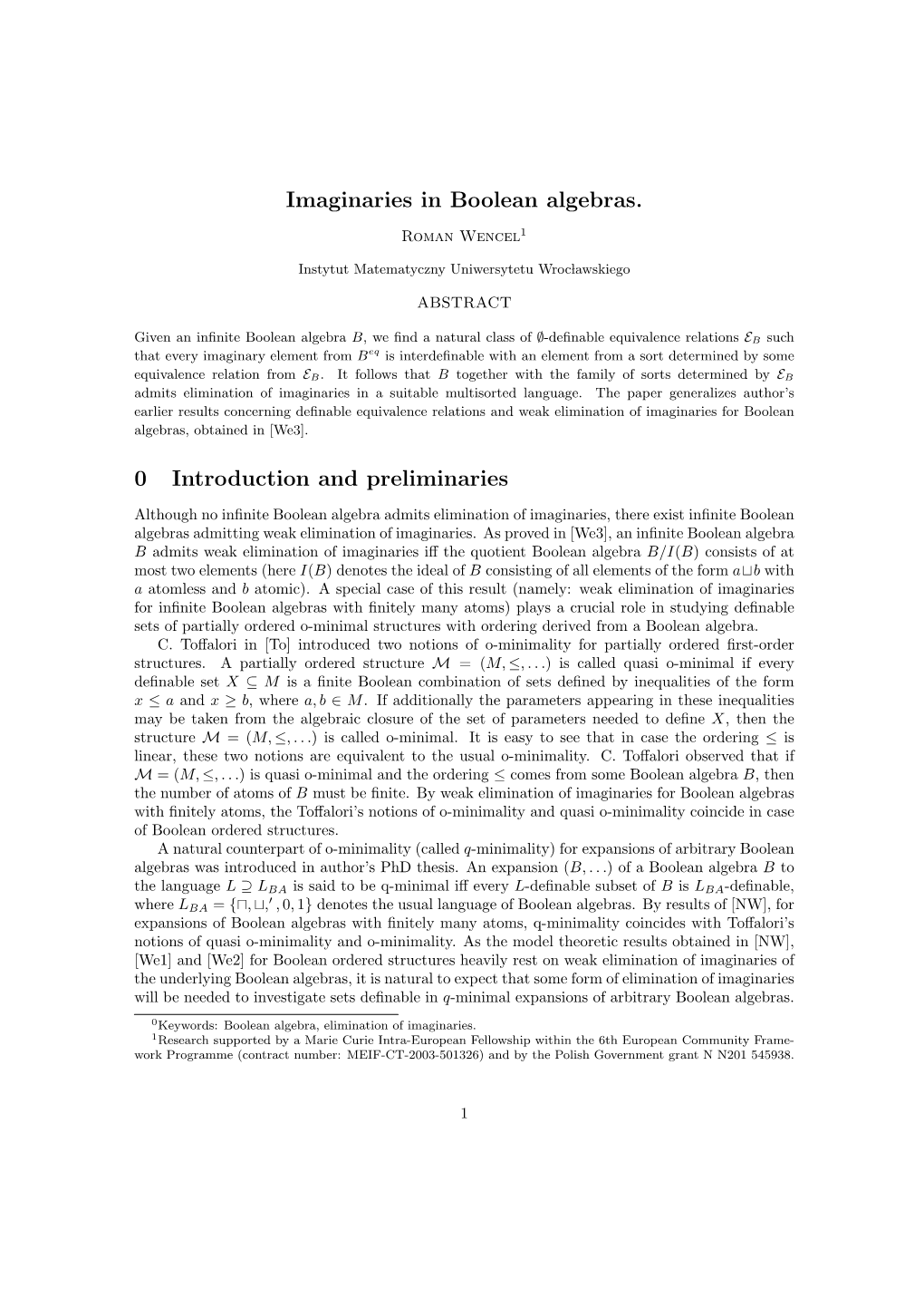 Imaginaries in Boolean Algebras. 0 Introduction and Preliminaries