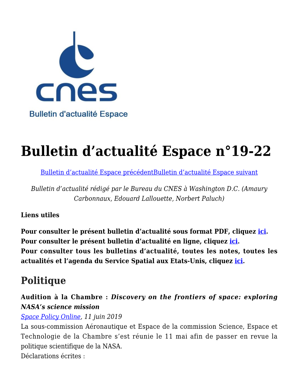 Bulletin D&Rsquo;Actualité Espace N°19-22