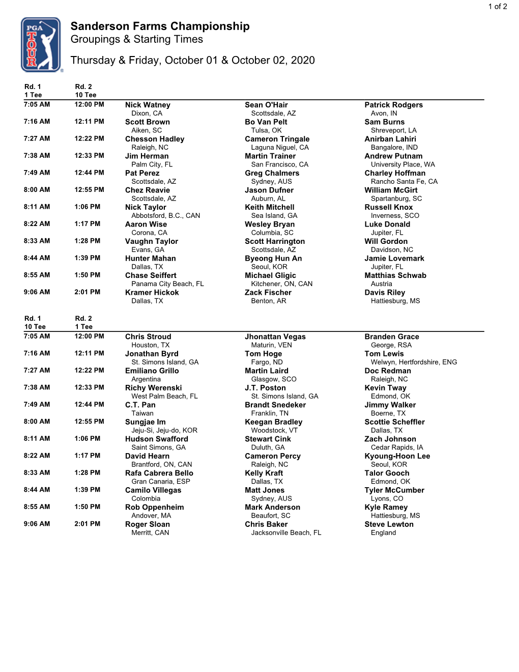 Sanderson Farms Championship Groupings & Starting Times Thursday & Friday, October 01 & October 02, 2020