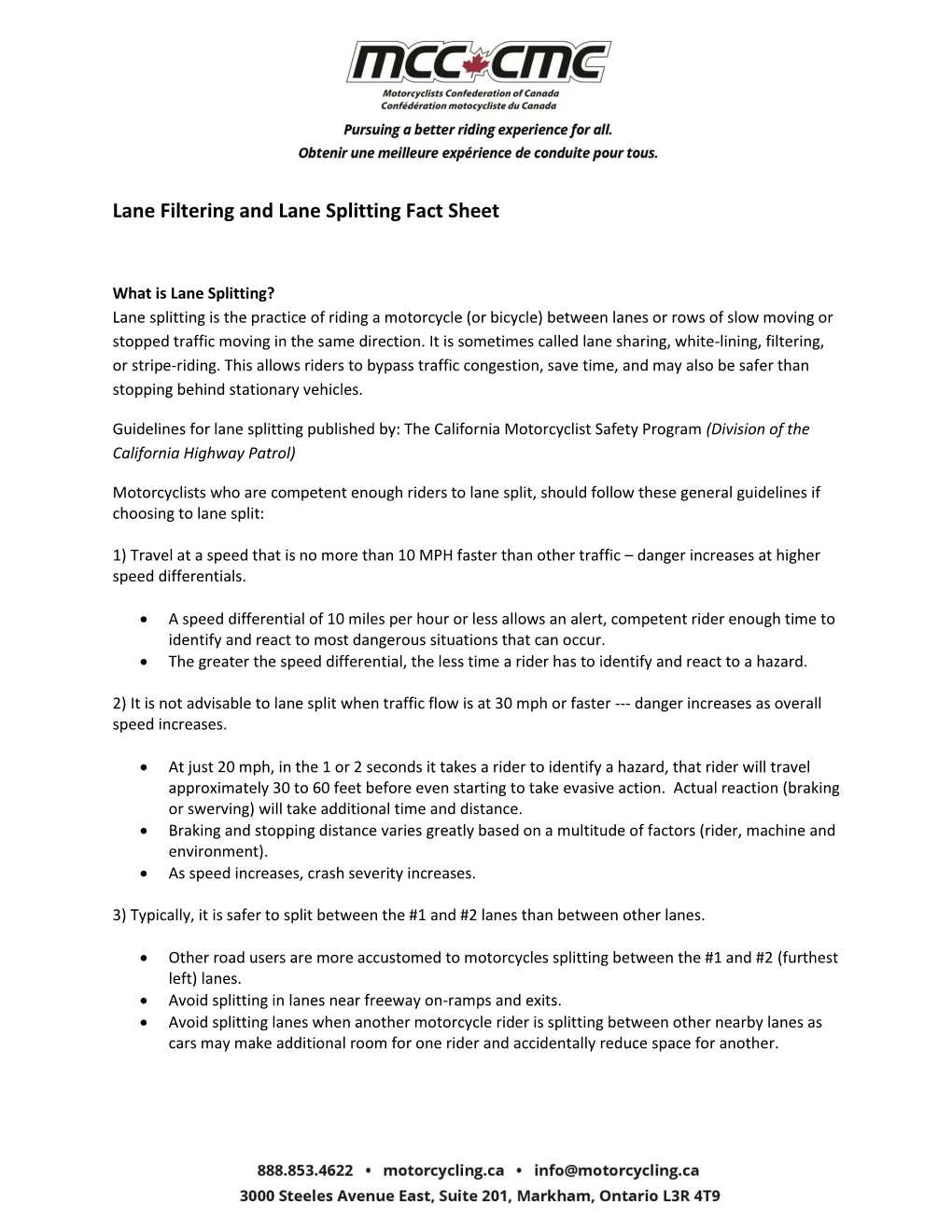 Lane Filtering and Lane Splitting Fact Sheet