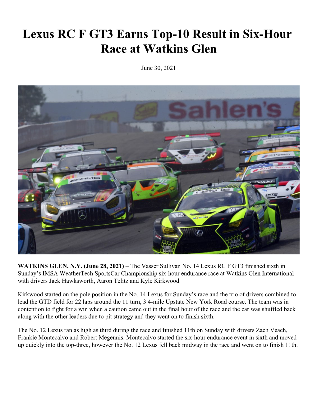 Lexus RC F GT3 Earns Top-10 Result in Six-Hour Race at Watkins Glen