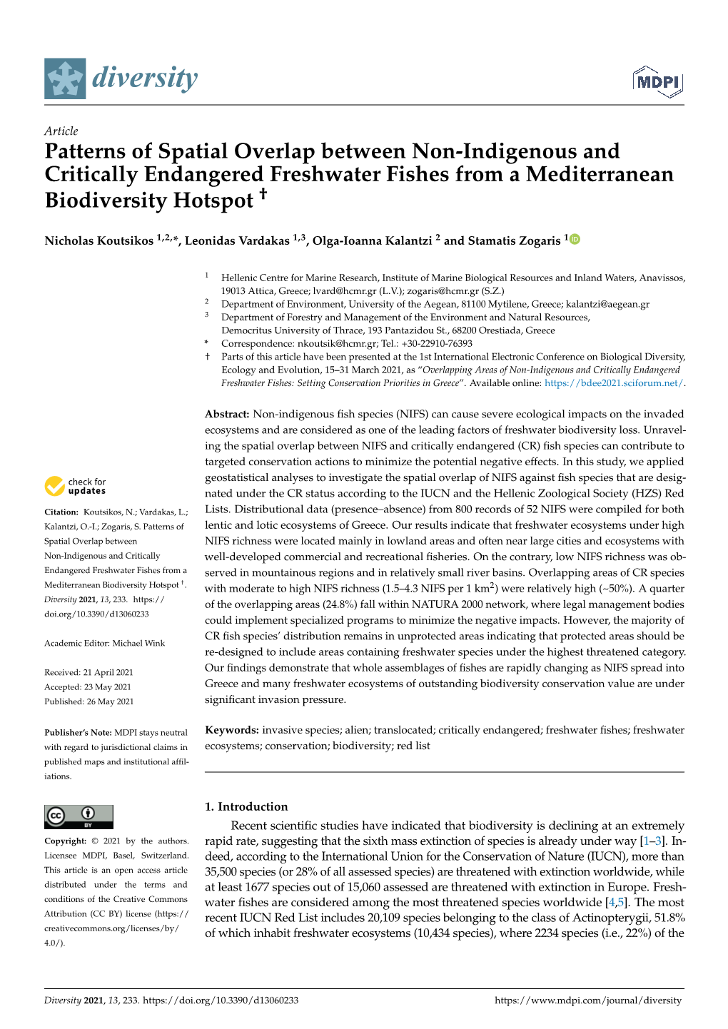 Patterns of Spatial Overlap Between Non-Indigenous and Critically Endangered Freshwater Fishes from a Mediterranean Biodiversity Hotspot †