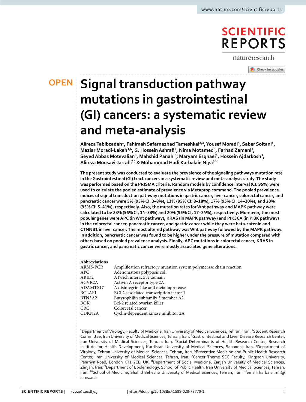 Cancers: a Systematic Review and Meta‑Analysis Alireza Tabibzadeh1, Fahimeh Safarnezhad Tameshkel2,3, Yousef Moradi4, Saber Soltani5, Maziar Moradi‑Lakeh3,6, G