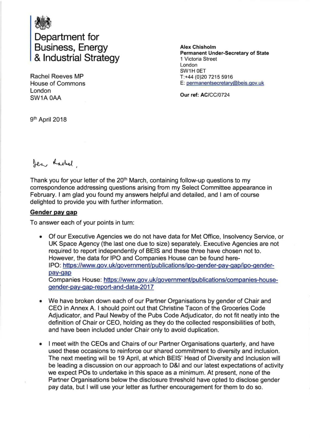 Letter of the 201H March, Containing Follow-Up Questions to My Correspondence Addressing Questions Arising from My Select Committee Appearance in February