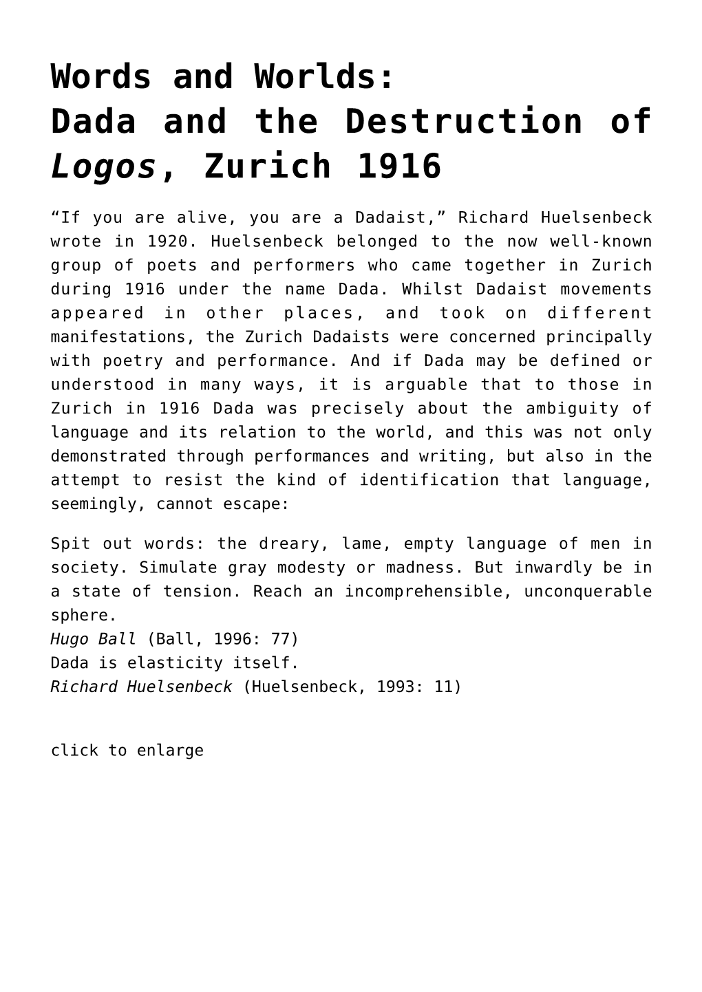 Words and Worlds:<Br>Dada and the Destruction of <I>Logos</I>, Zurich 1916