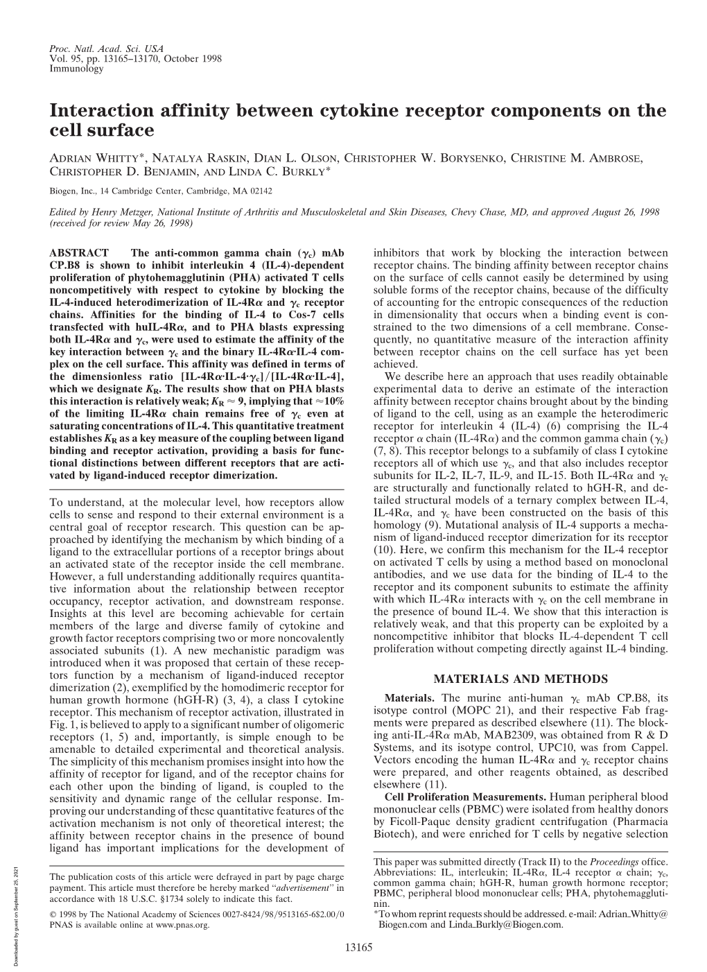 Interaction Affinity Between Cytokine Receptor Components on the Cell Surface