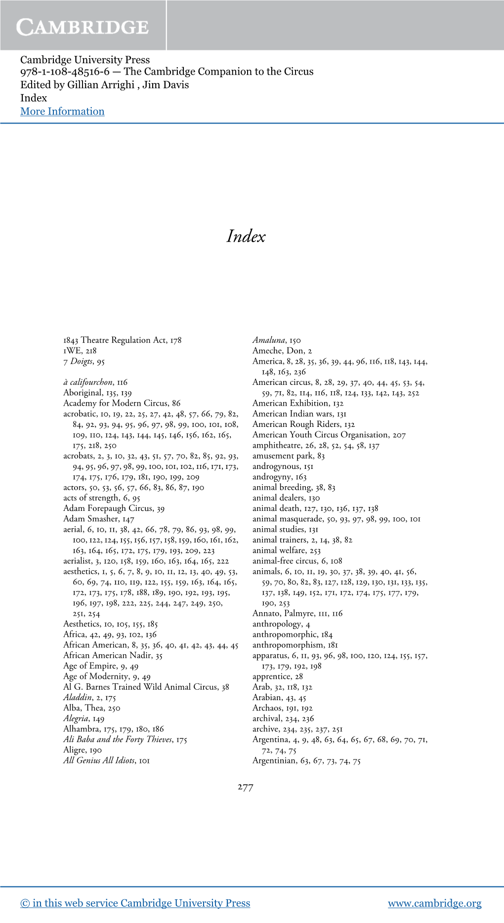 The Cambridge Companion to the Circus Edited by Gillian Arrighi , Jim Davis Index More Information