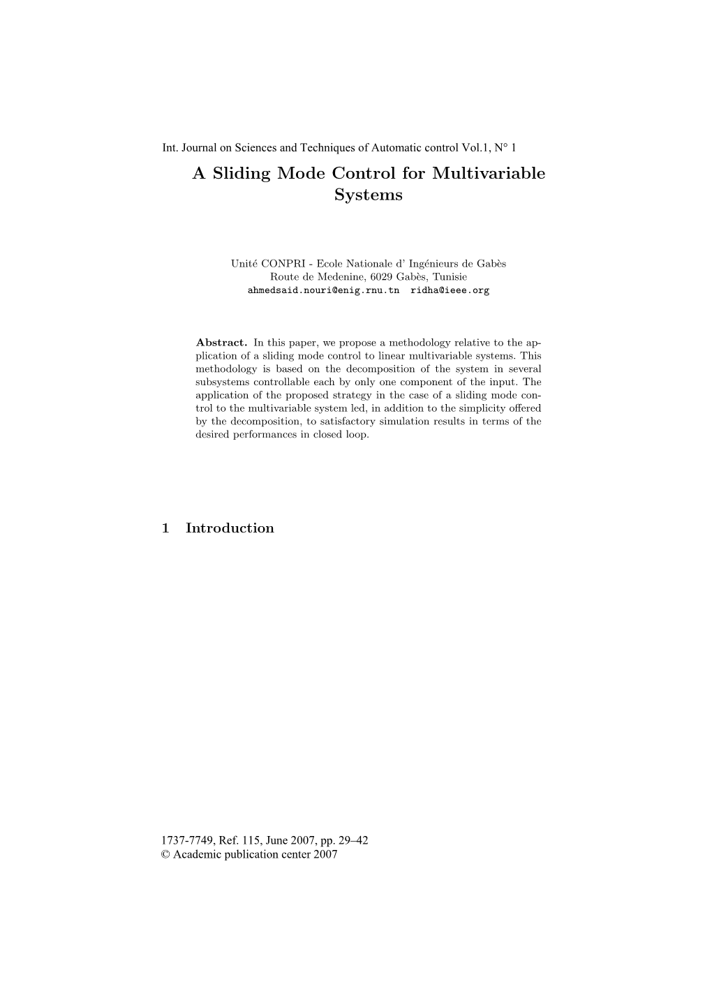 A Sliding Mode Control for Multivariable Systems