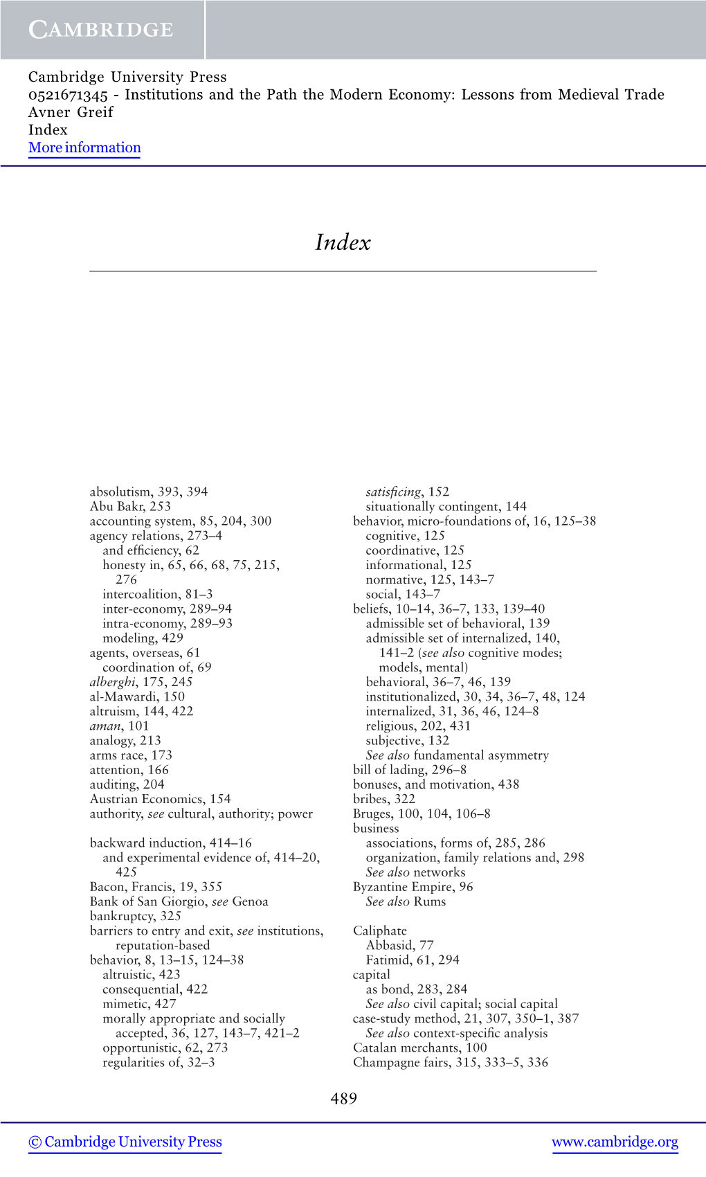 Institutions and the Path the Modern Economy: Lessons from Medieval Trade Avner Greif Index More Information