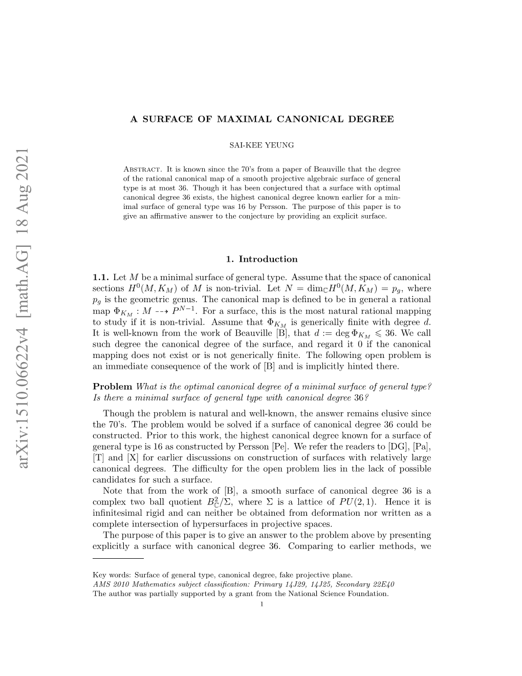 Arxiv:1510.06622V4 [Math.AG] 18 Aug 2021 Sections 1.1