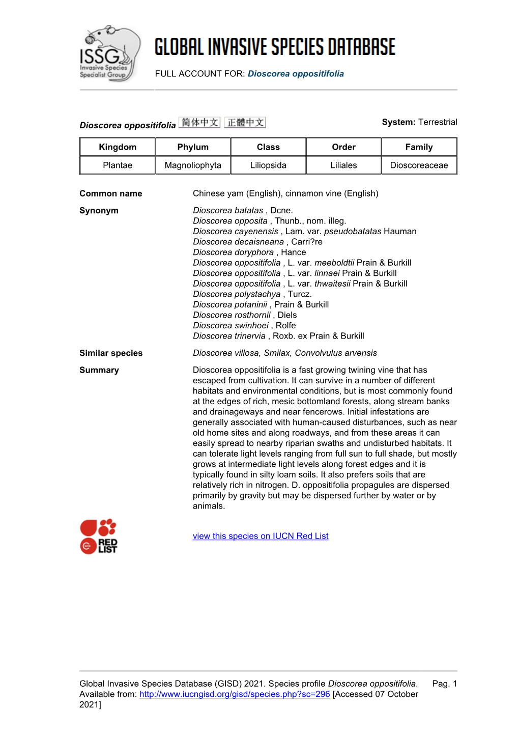 FULL ACCOUNT FOR: Dioscorea Oppositifolia Global Invasive Species Database (GISD) 2021. Species Profile Dioscorea Oppositifolia