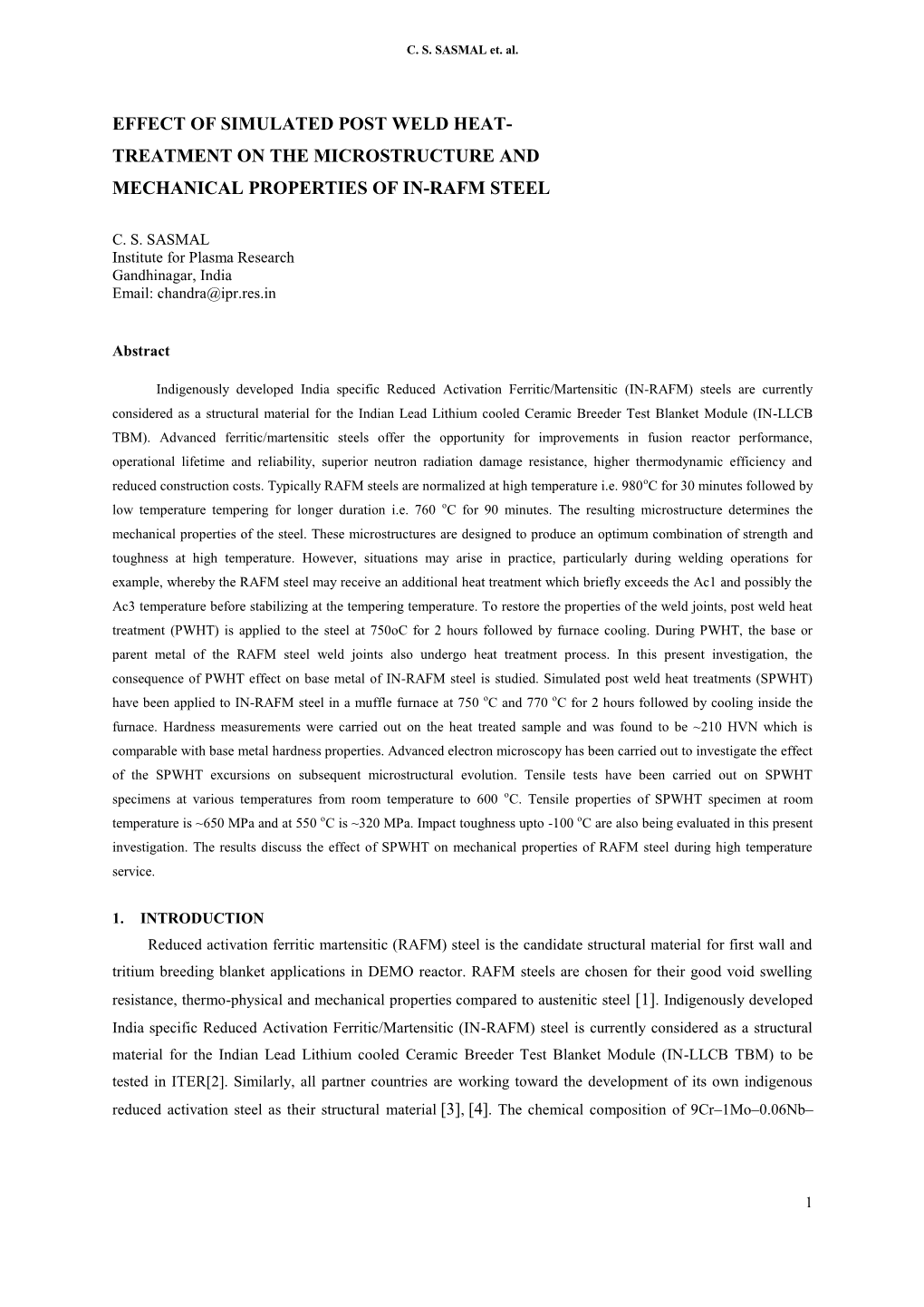 Effect of Simulated Post Weld Heat- Treatment on the Microstructure and Mechanical Properties of In-Rafm Steel