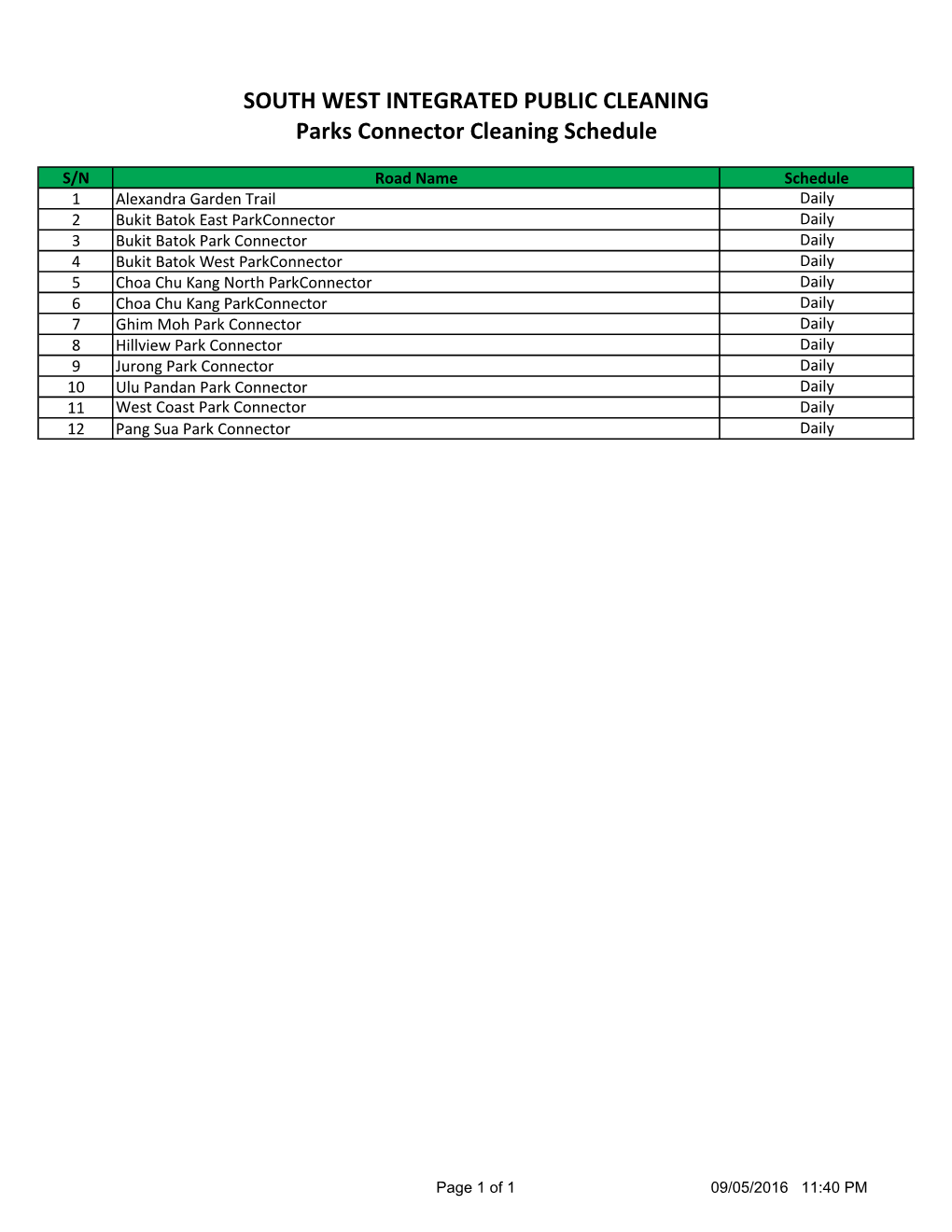 SOUTH WEST INTEGRATED PUBLIC CLEANING Parks Connector Cleaning Schedule