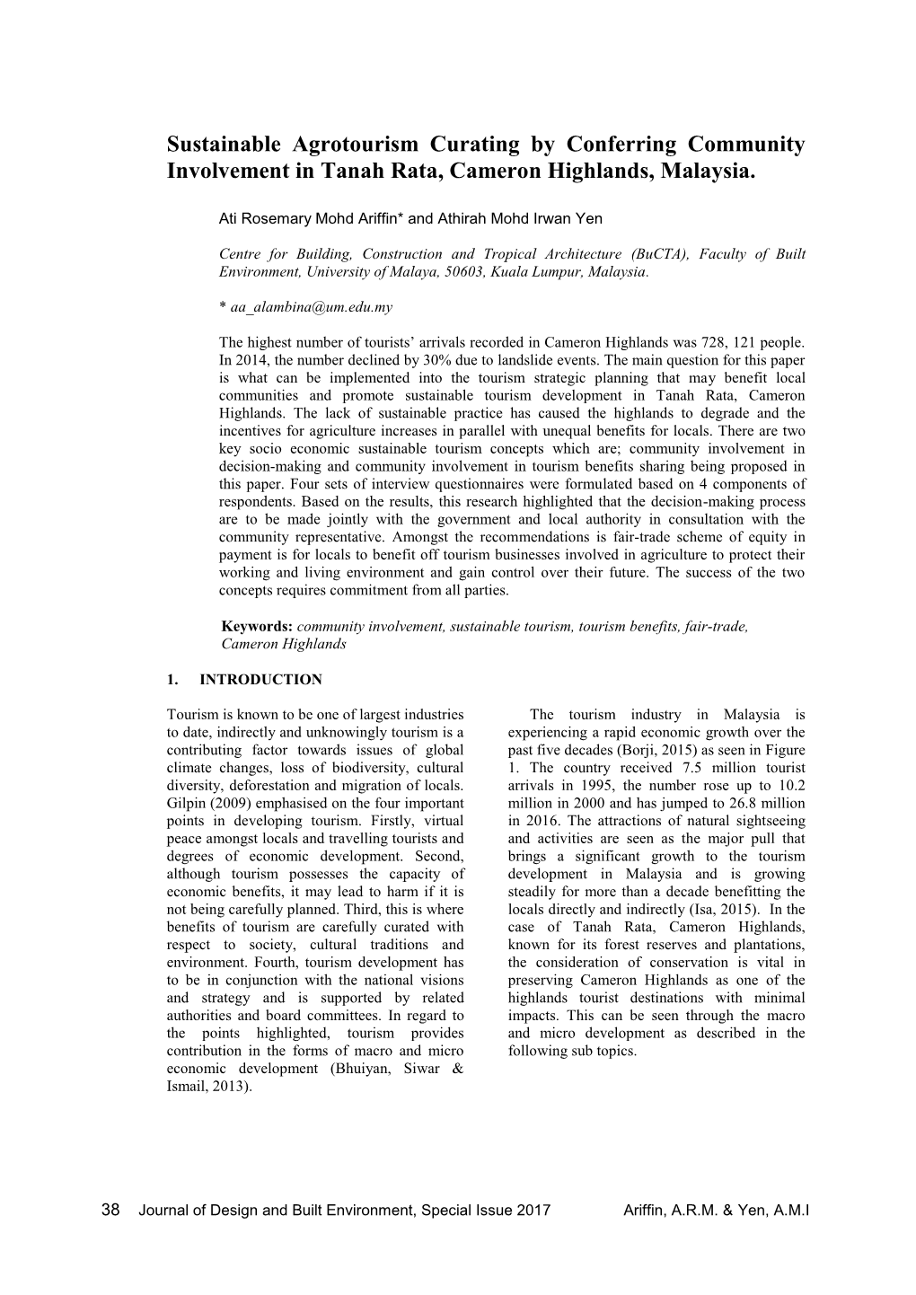 Sustainable Agrotourism Curating by Conferring Community Involvement in Tanah Rata, Cameron Highlands, Malaysia