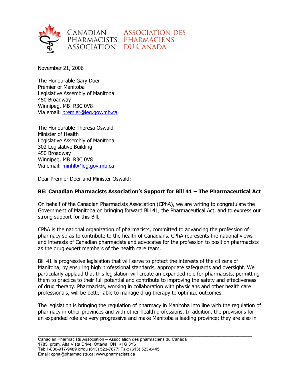 Support for Bill 41 – the Pharmaceutical Act