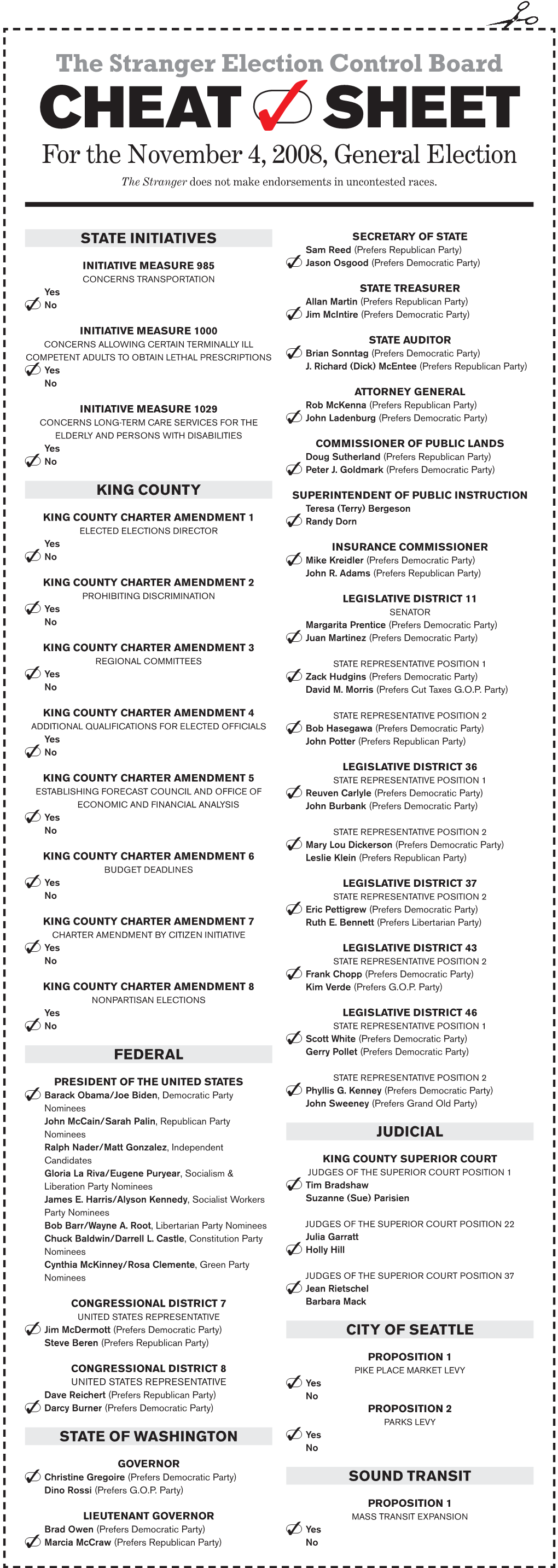 The Stranger Election Control Board CHEAT SHEET!