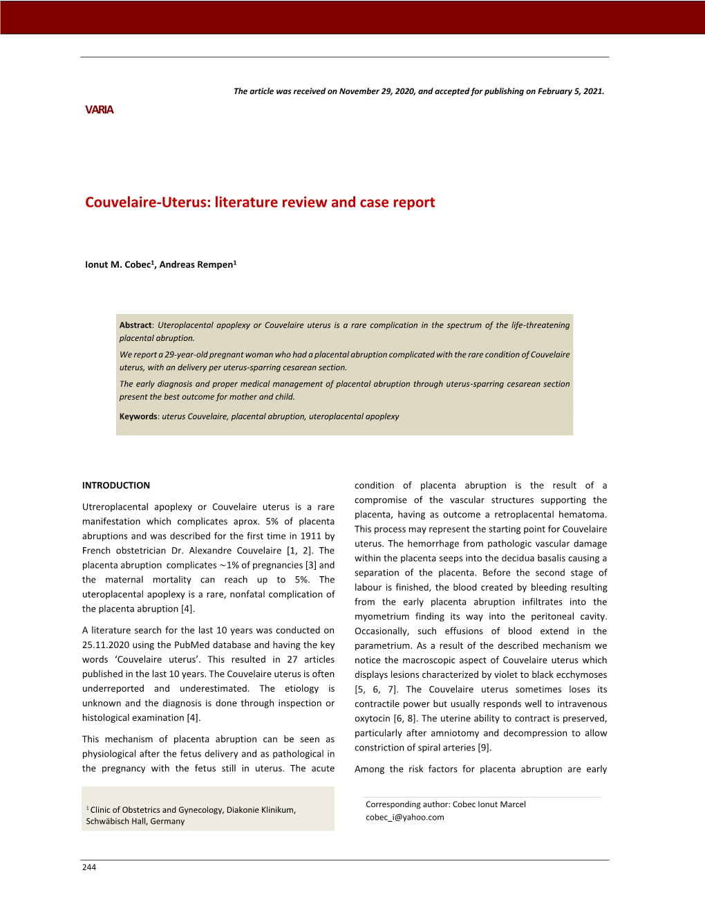 Couvelaire-Uterus: Literature Review and Case Report