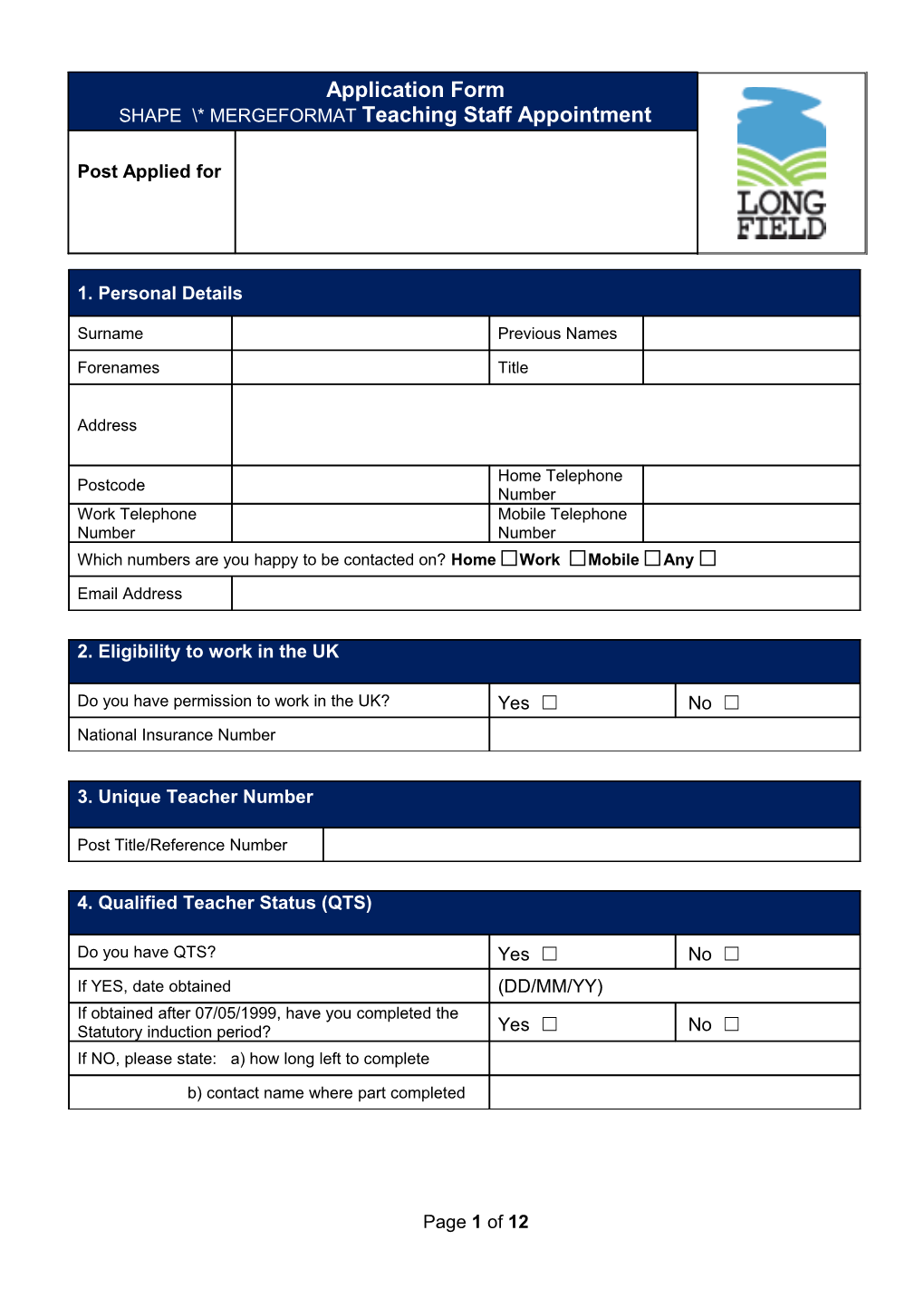 Application Form for Teaching and Head Teacher Appointment