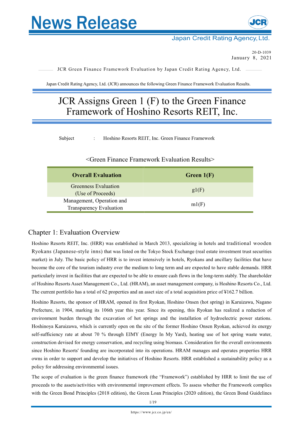 To Green Finance Framework of Hoshino Resorts REIT