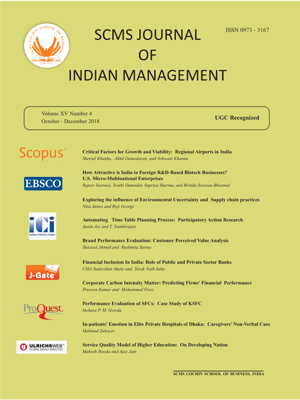 SCMS Journal of Indian Management a Quarterly Publication of SCMS-COCHIN