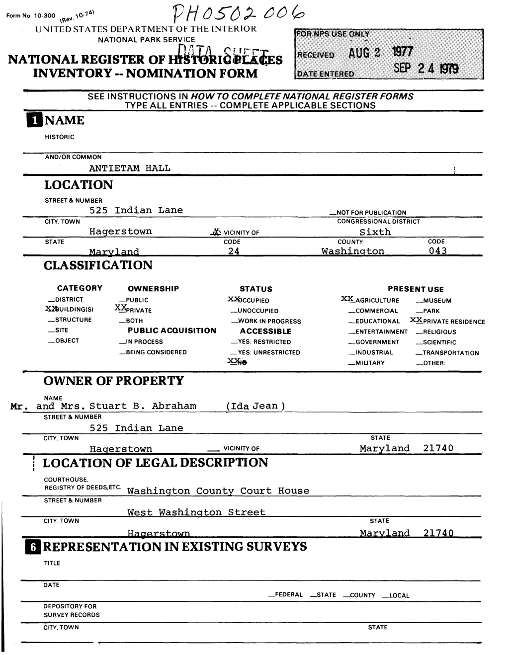 Nomination Form Location Classification Owner Of