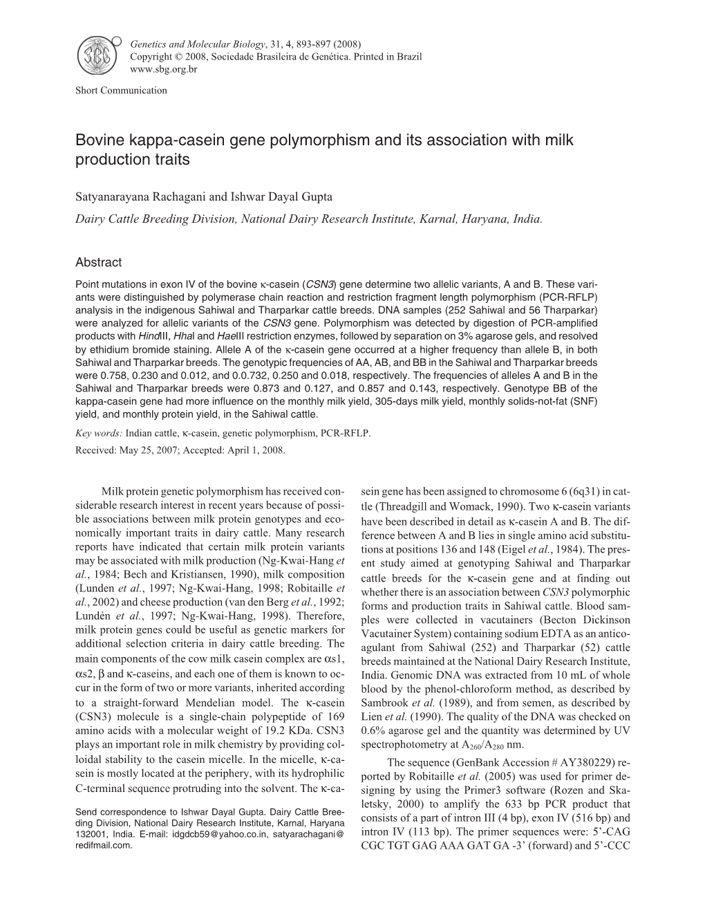 Bovine Kappa-Casein Gene Polymorphism and Its Association with Milk Production Traits