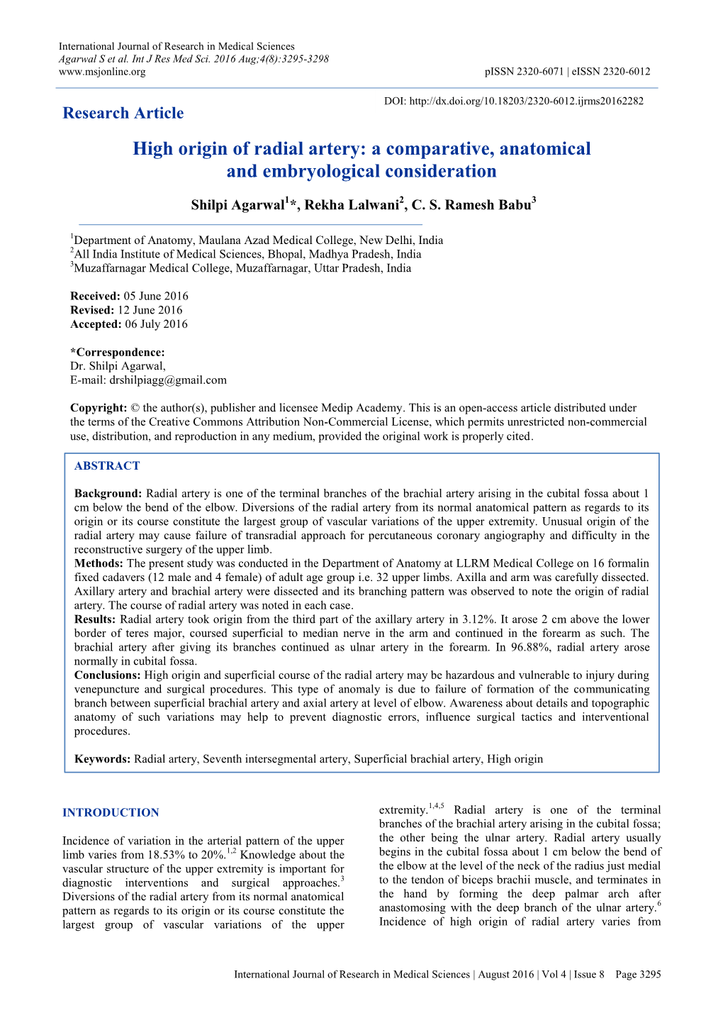 Research Article High Origin of Radial Artery: a Comparative, Anatomical and Embryological Consideration