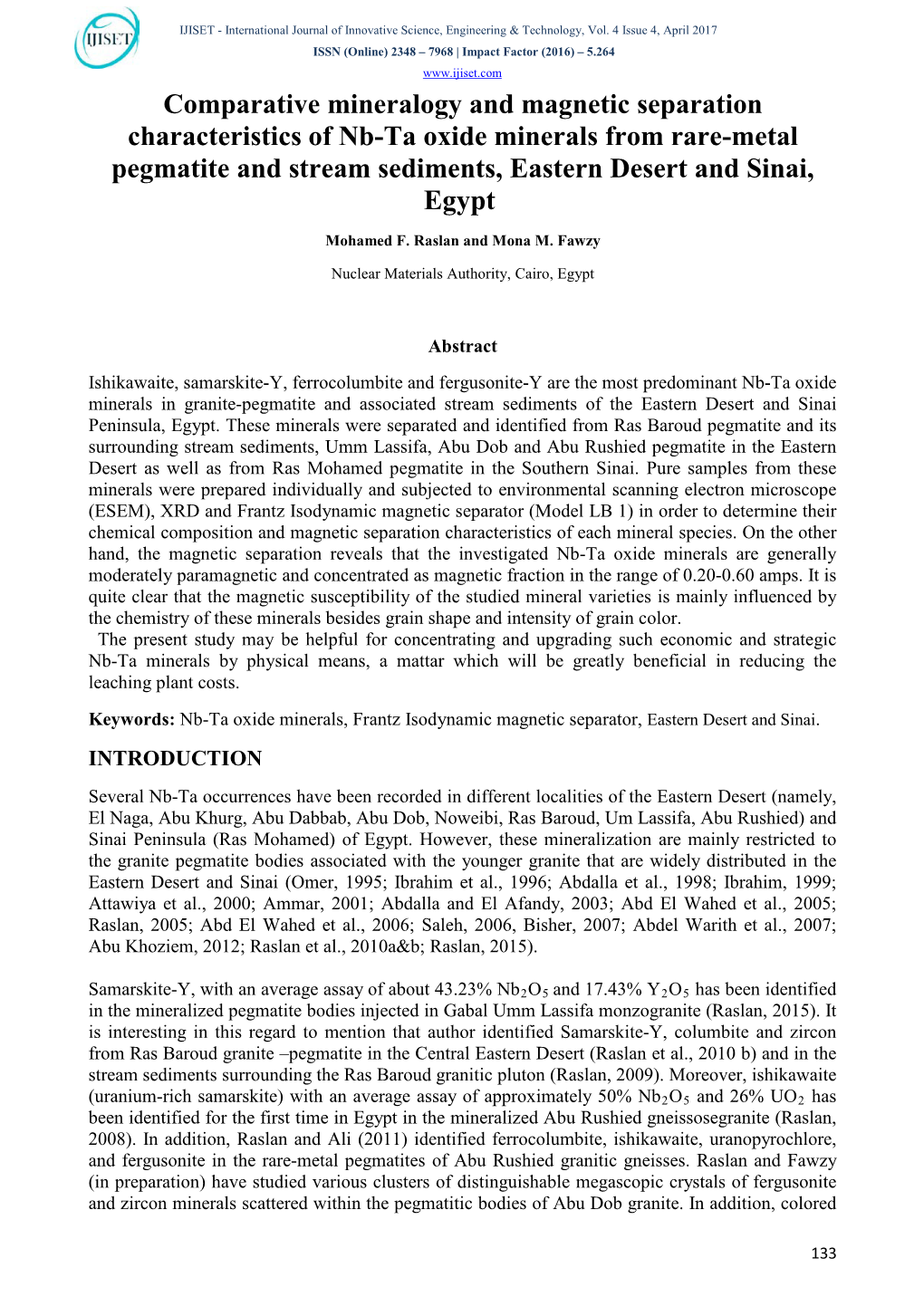 Comparative Mineralogy and Magnetic Separation Characteristics