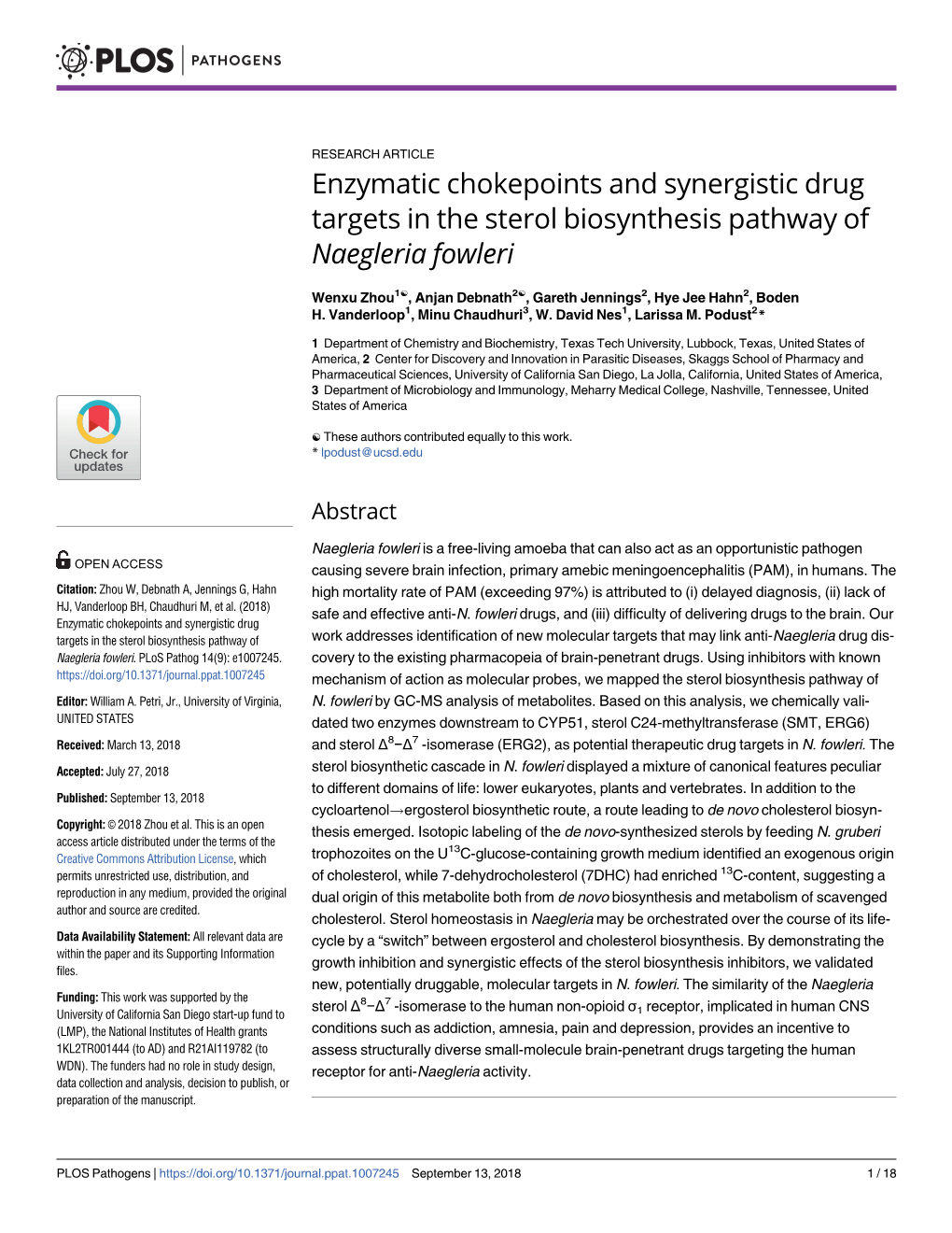 Enzymatic Chokepoints and Synergistic Drug Targets in the Sterol Biosynthesis Pathway of Naegleria Fowleri